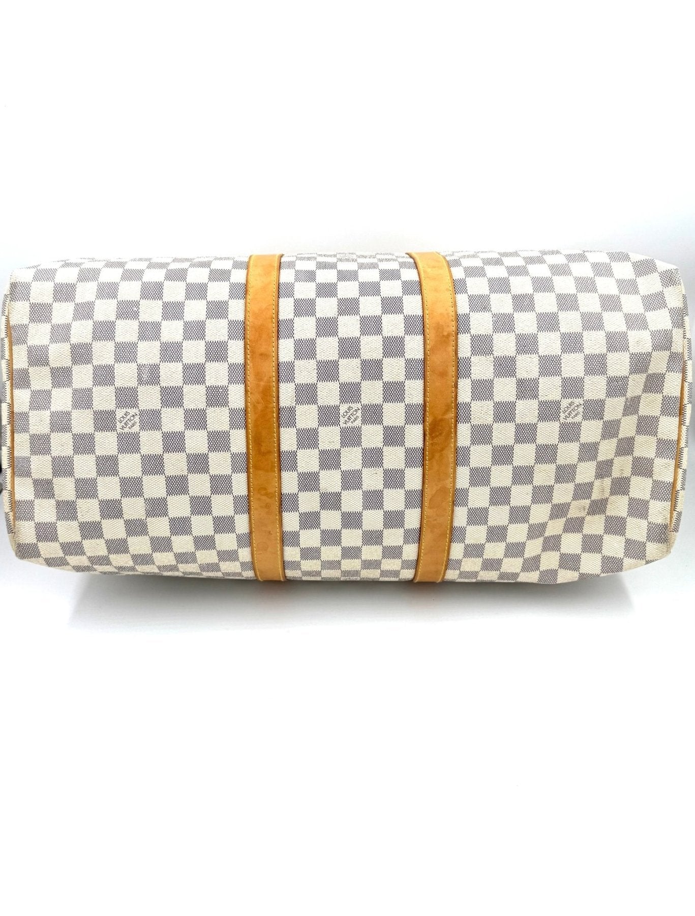 Louis Vuitton Keepall 50 Damier Azur Reisetasche mit klassischem Schachbrettmuster und braunen Lederdetails