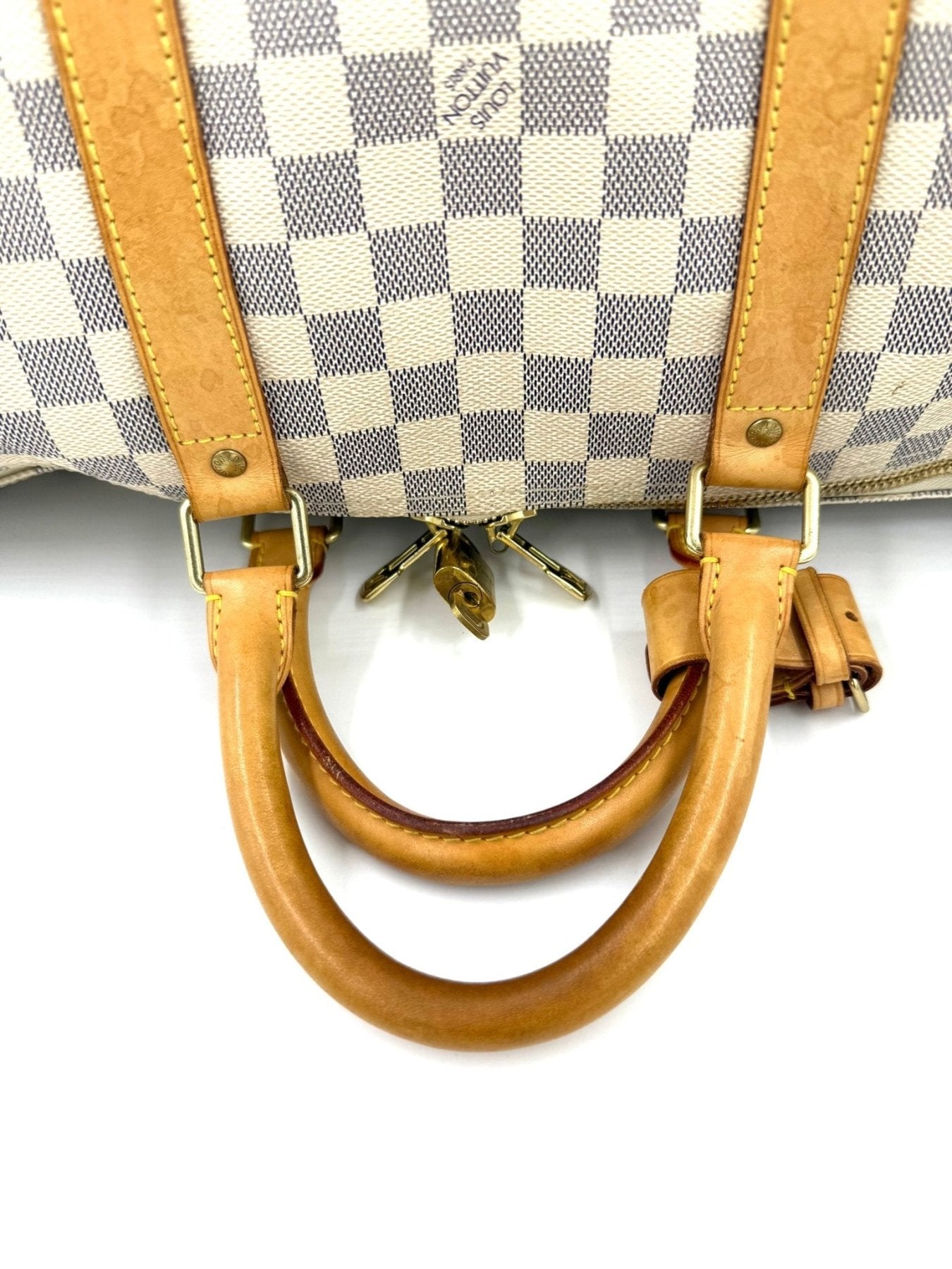 Louis Vuitton Keepall 50 Damier Azur Reisetasche mit beigem Schachbrettmuster und hellbraunen Ledergriff