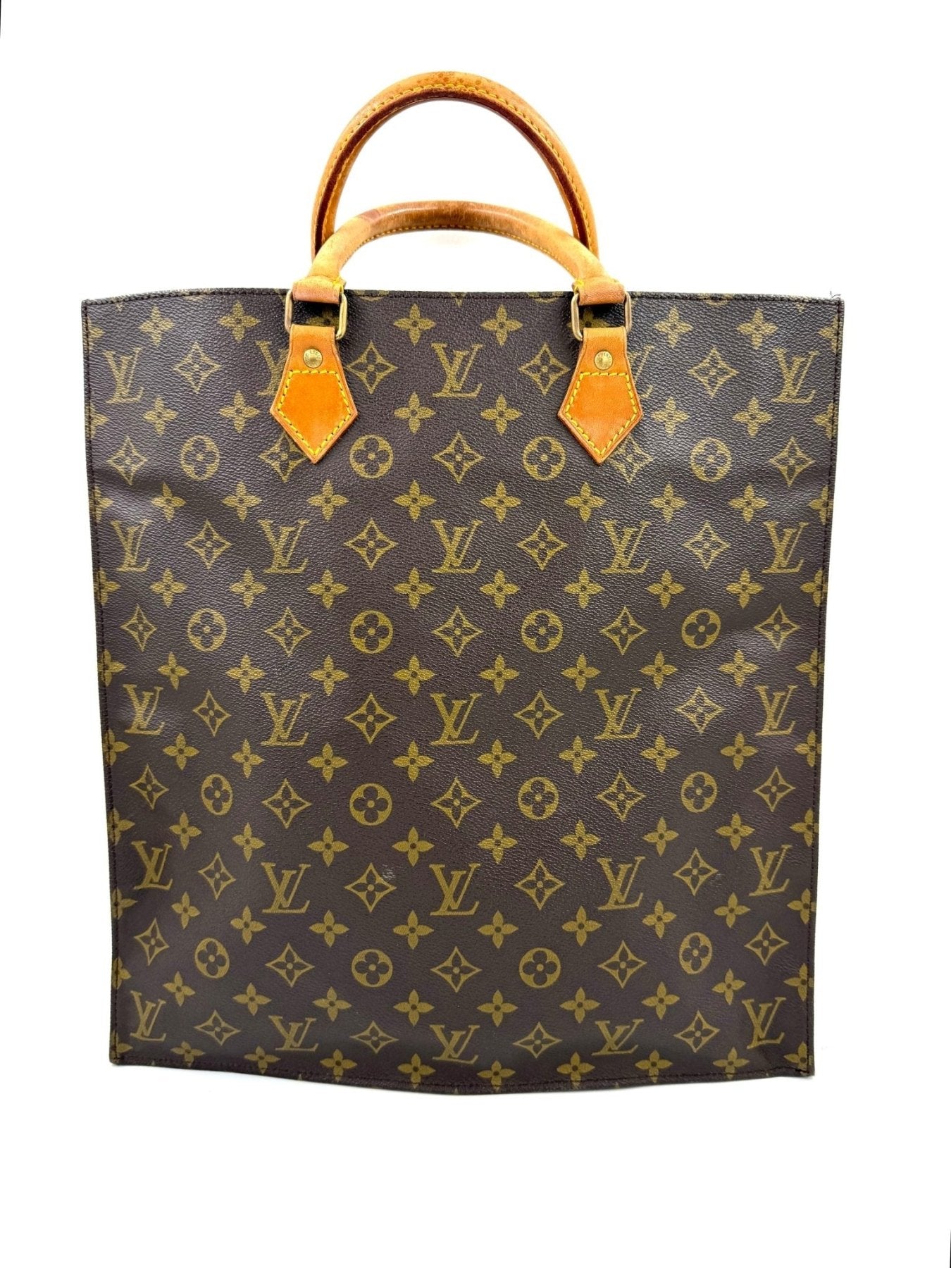 Louis Vuitton Sac Plat Monogram Canvas Handtasche mit braunem Monogram-Muster und honigfarbenen Ledergriffen