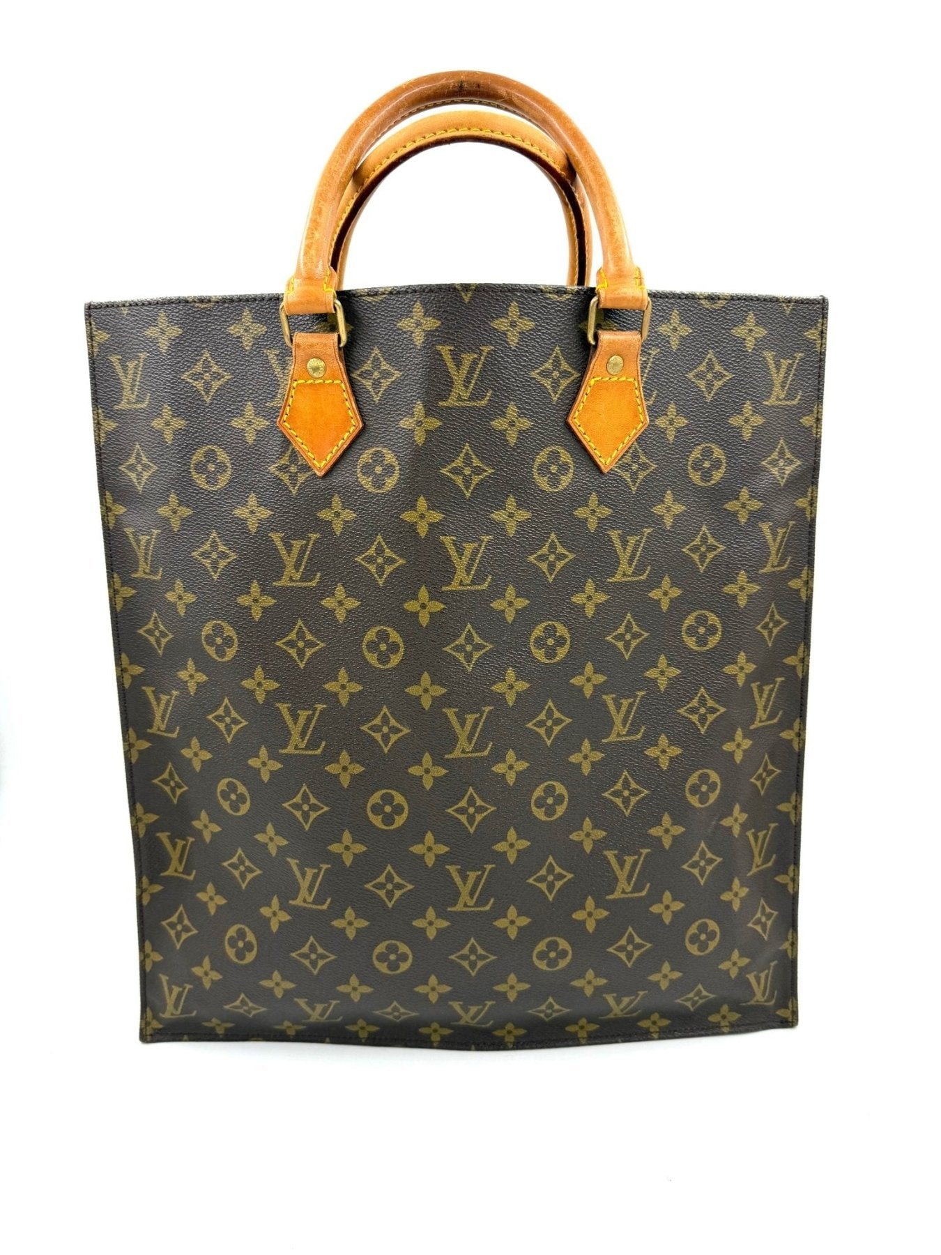 Louis Vuitton Sac Plat Handtasche aus Monogram Canvas mit braunen Ledergriffen und klassischem LV Muster