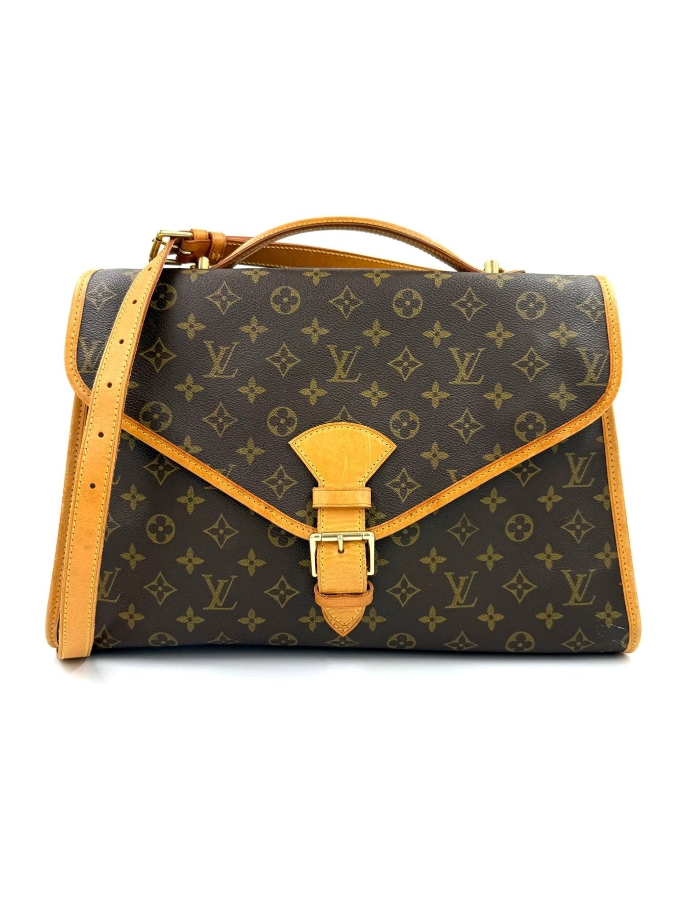 Louis Vuitton Bel Air Monogram Canvas Vintage Tasche mit braunem Lederbesatz und klassischem LV Muster auf grauem Grund
