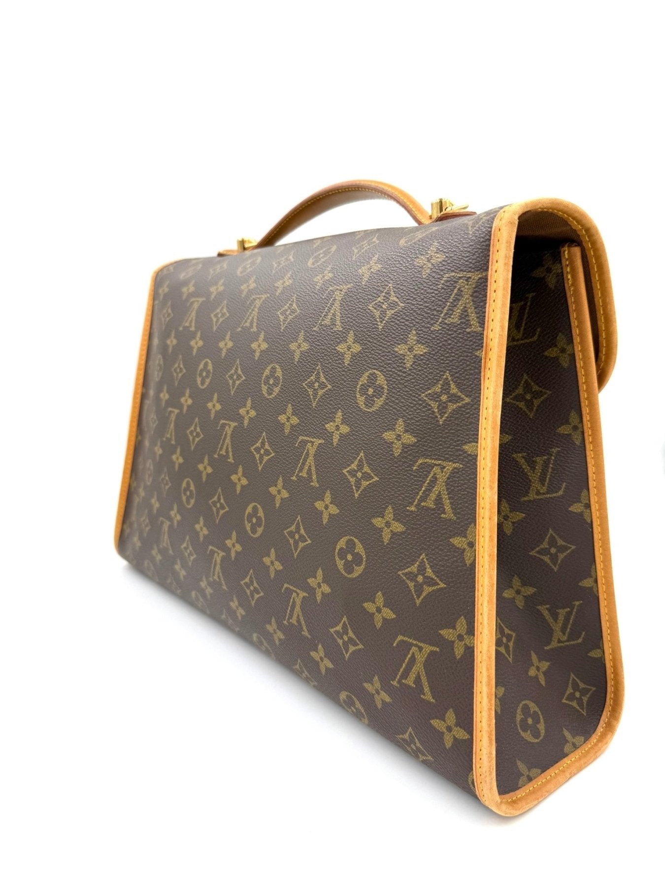 Louis Vuitton Bel Air Monogram Canvas Vintage Tasche mit braunem Monogram-Muster und hellbraunen Lederdetails, seitliche Ansicht