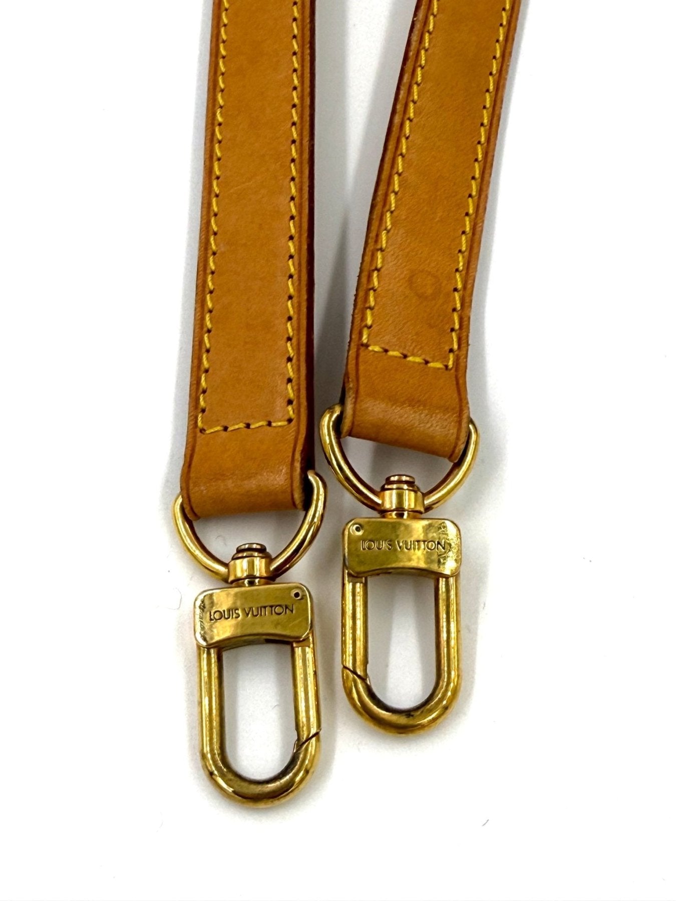 Louis Vuitton Bel Air Vintage Lederriemen mit goldenen Karabinerhaken und Logo-Pragung auf hellbraunem Leder