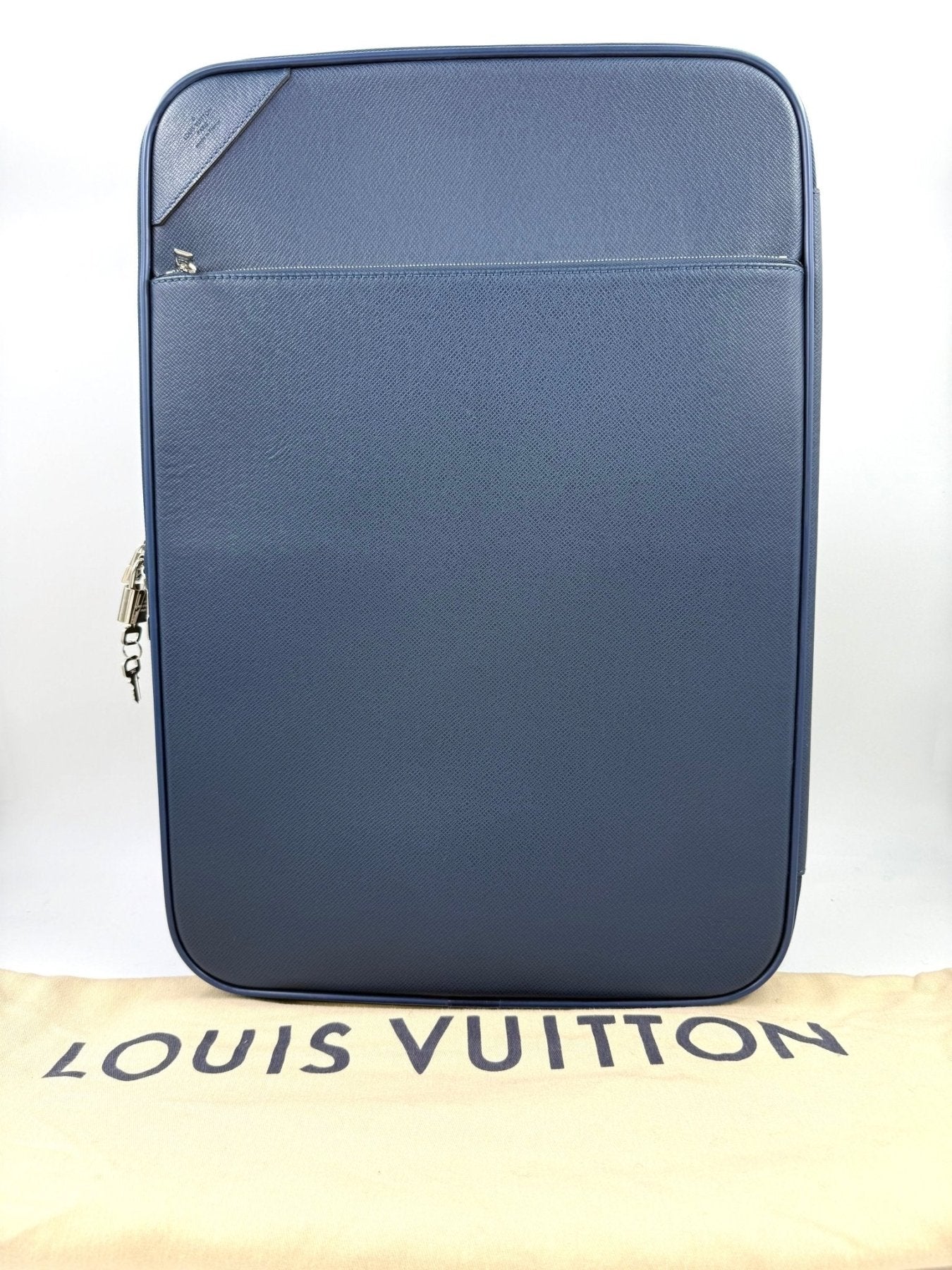 Louis Vuitton Pegase Koffer in blauem Taigaleder mit Reissverschluss und Frontfach, neuwertig mit Schutzhülle