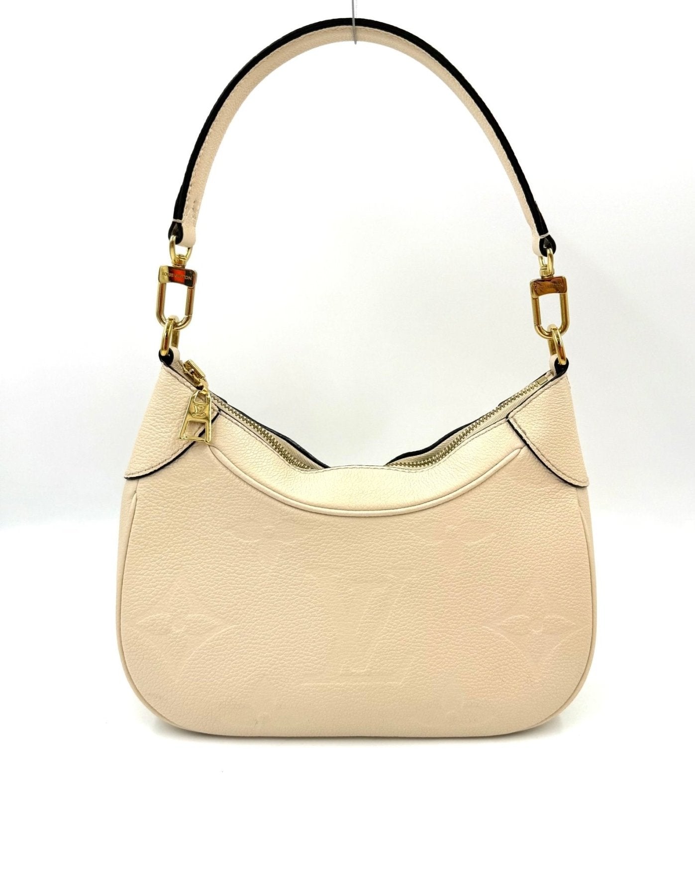 Louis Vuitton Bagatelle Monogram Empreinte Tasche in Creme mit gepraegtem Logo, goldenen Beschlaegen und Schulterriemen