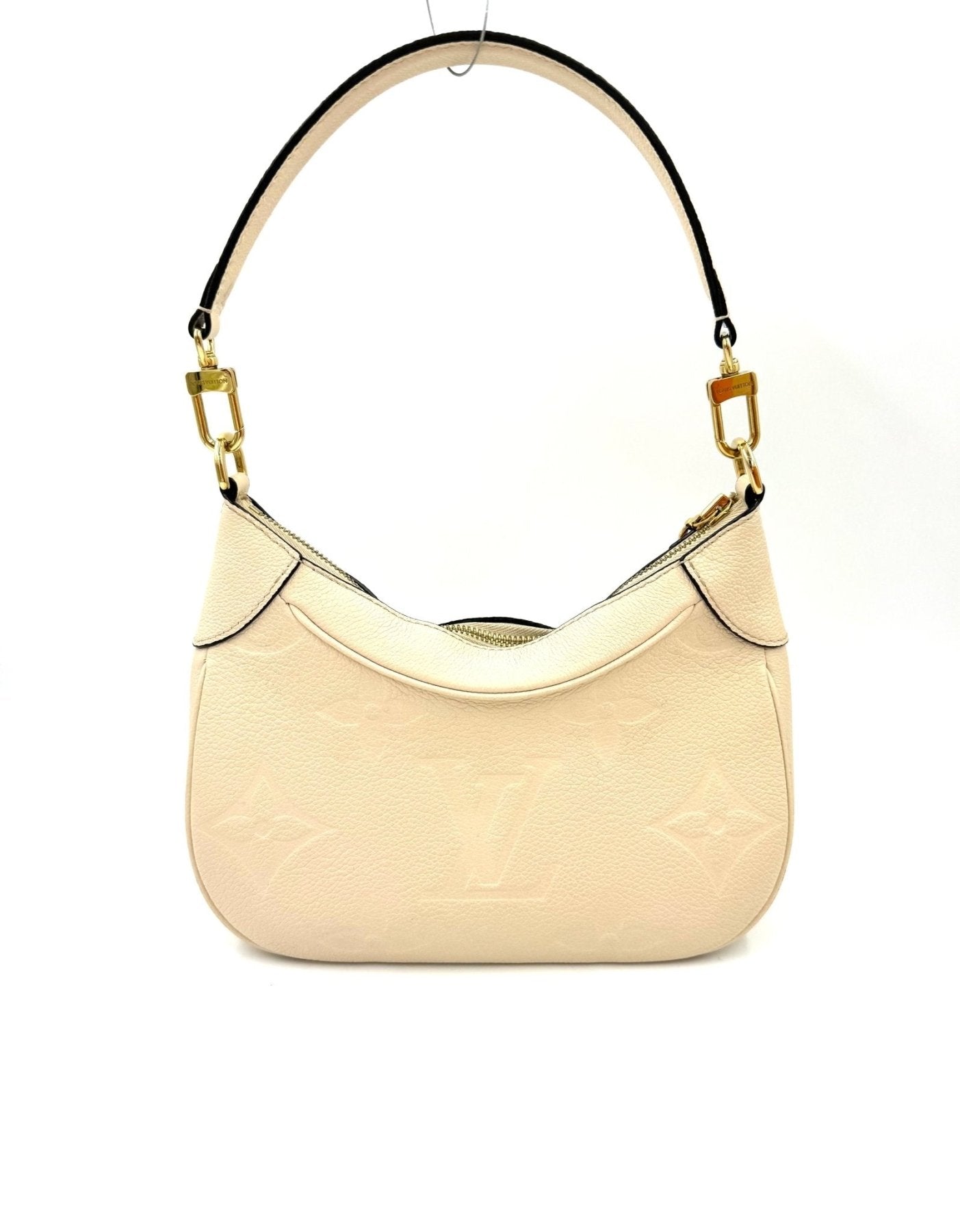 Louis Vuitton Bagatelle Monogram Empreinte Handtasche in Creme mit gepraegtem LV-Logo und goldfarbenen Beschlaegen