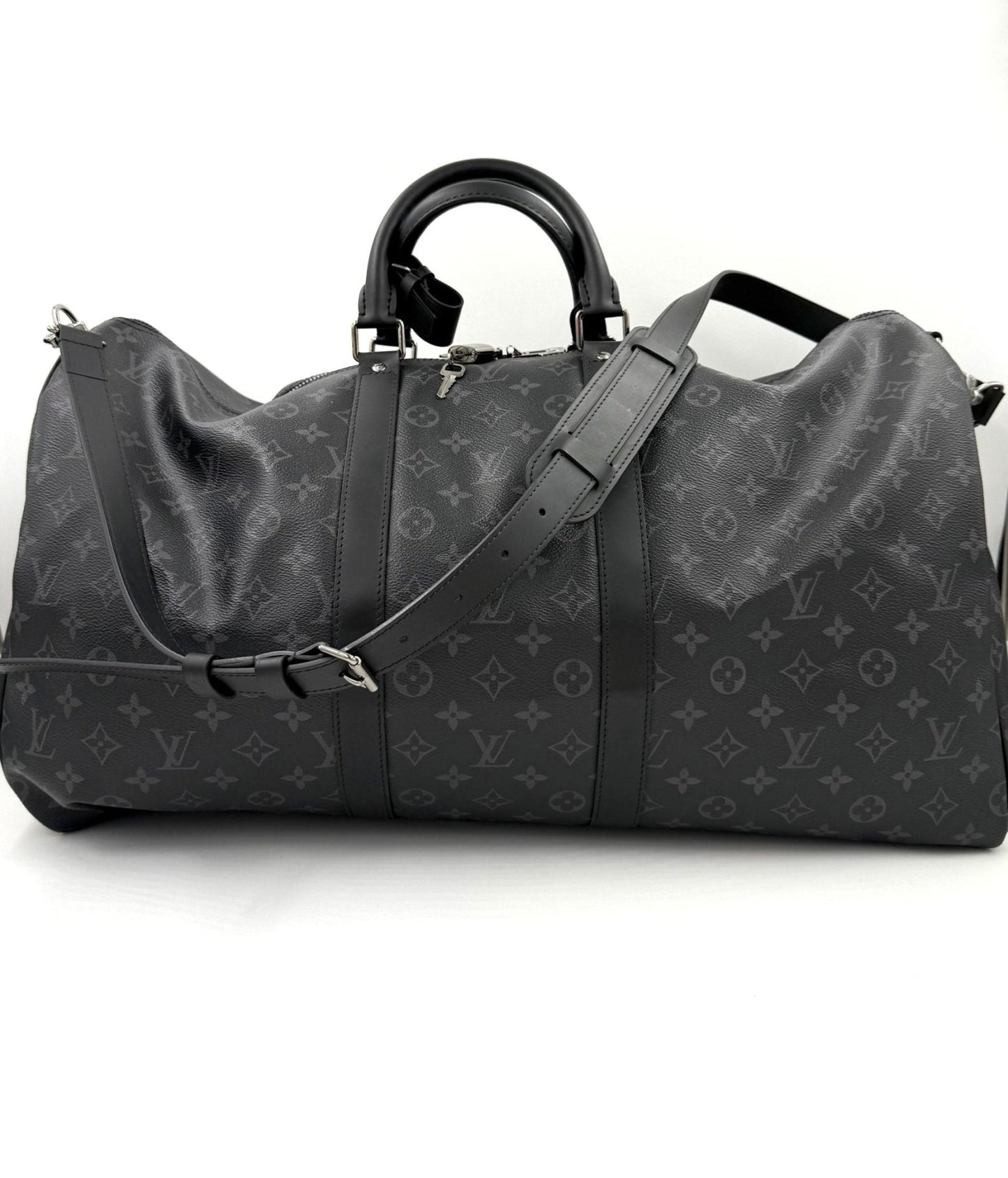 Louis Vuitton Keepall 55 Monogram Eclipse Reisetasche mit abnehmbarem Schulterriemen in schwarz und grau