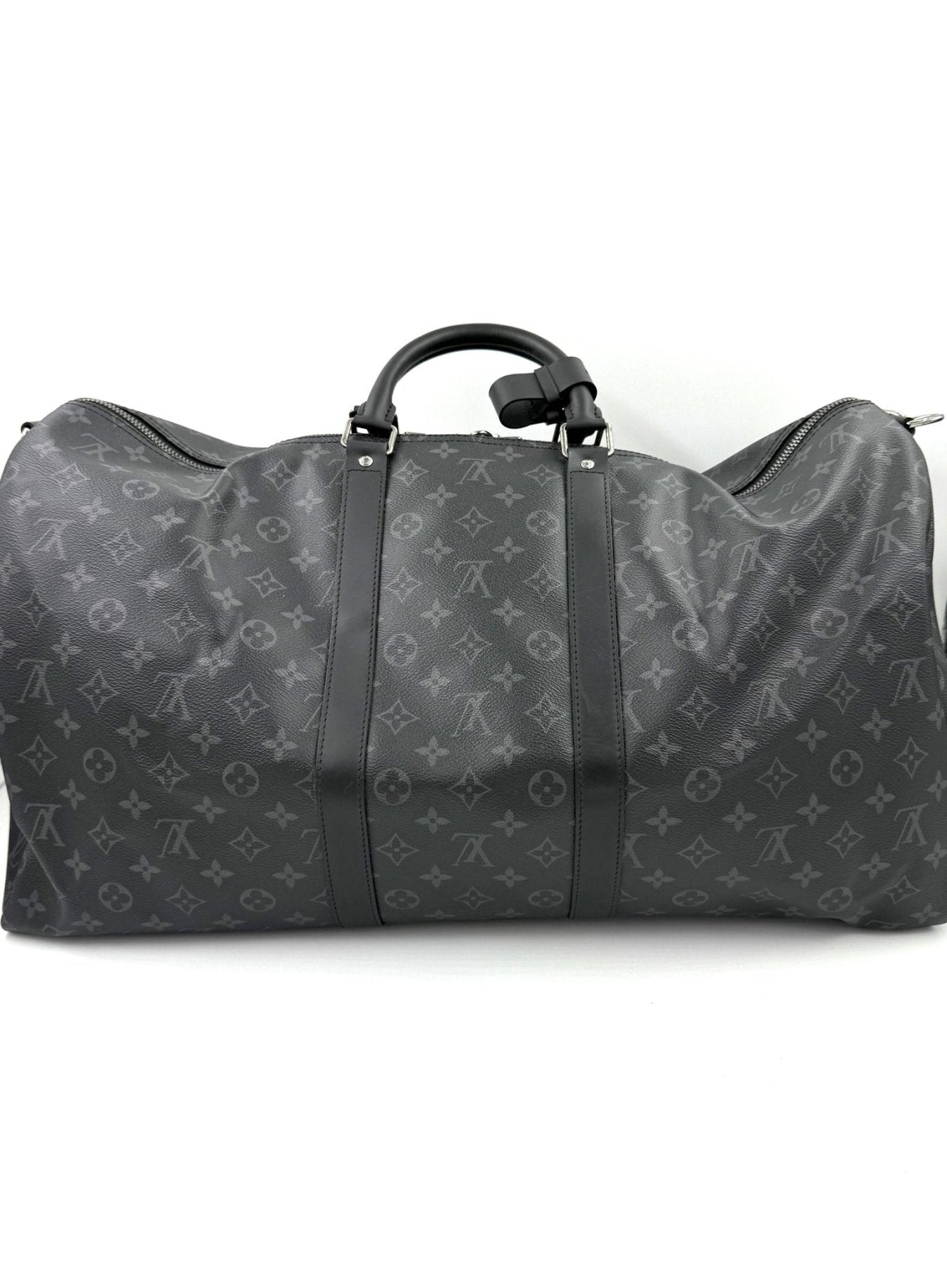 Louis Vuitton Keepall 55 Monogram Eclipse Bandouliere Reisetasche in grau mit schwarzen Lederdetails und Monogram Muster