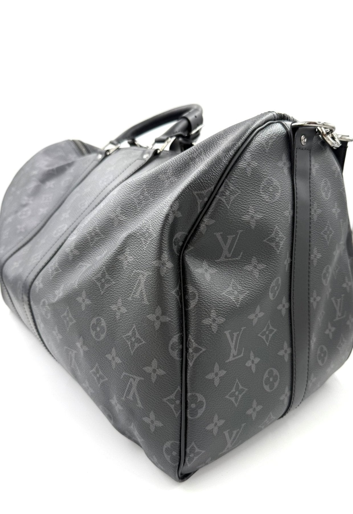 Louis Vuitton Keepall 55 Monogram Eclipse Bandouliere Reisetasche in grauem Canvas mit Monogramm-Muster, seitliche Ansicht