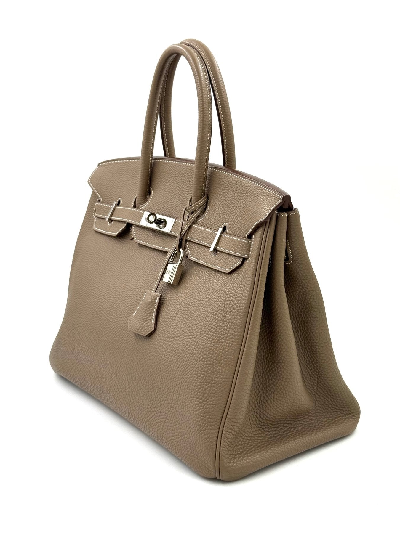 HERMÈS Birkin 35 Togo Etoupe PHW aus hochwertigem Togo-Leder mit silberner Palladium-Hardware, elegantes Design.