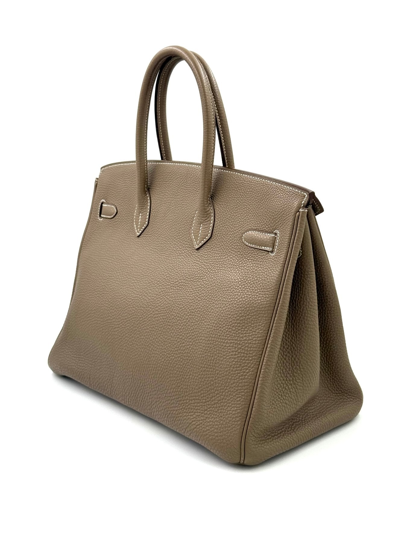 HERMÈS Birkin 35 Togo Etoupe PHW aus hochwertigem braunem Togo-Leder mit Palladium-Hardware und stabiler Form.