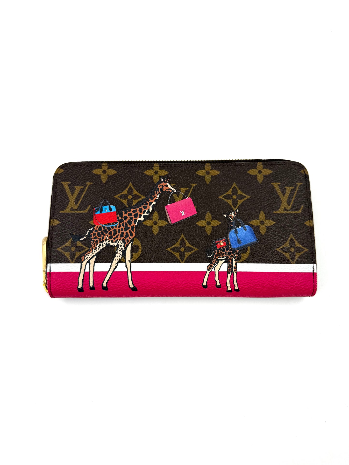 LOUIS VUITTON Zippy xmas Animation 2017 Portemonnaie aus Canvas mit Giraffen-Design und neuwertigem Zustand.