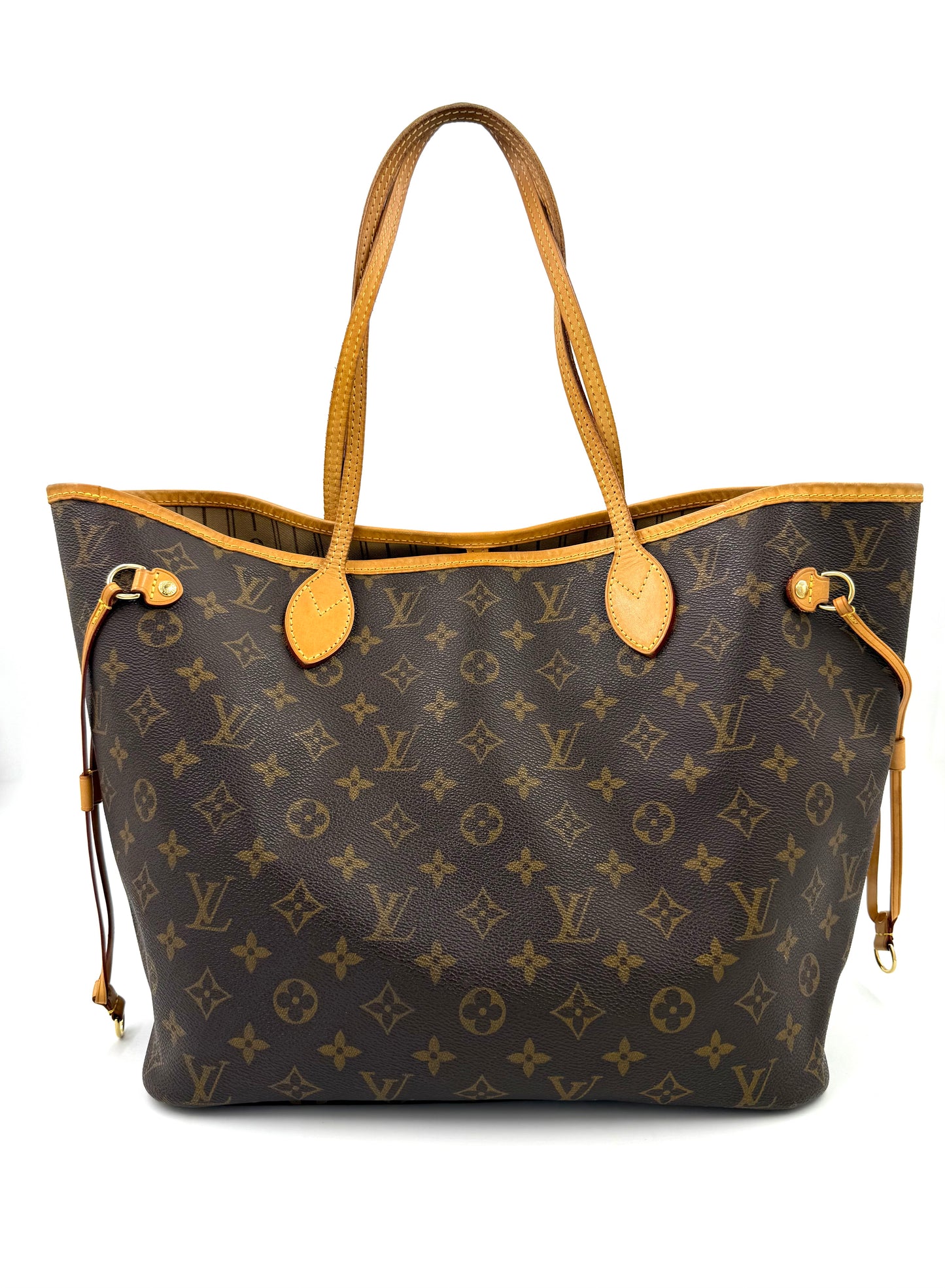 LOUIS VUITTON Neverfull MM Monogram Canvas, klassische Tasche aus braunem Monogram-Canvas mit Ledergriffen, Zustand B/C.