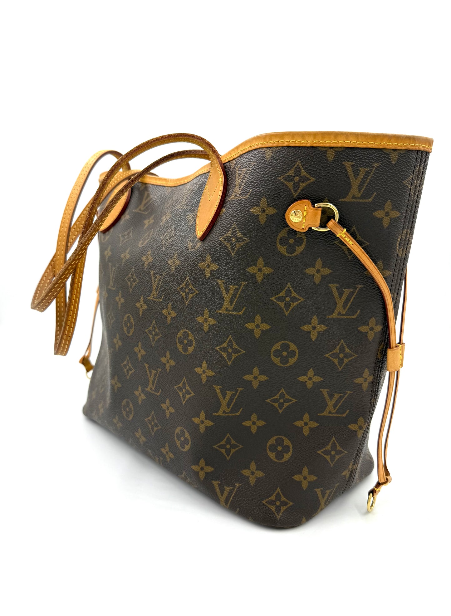 LOUIS VUITTON Neverfull MM Monogram Canvas Tasche in klassischem braunem LV-Canvas mit honigfarbener Patina und goldenen Beschlägen.