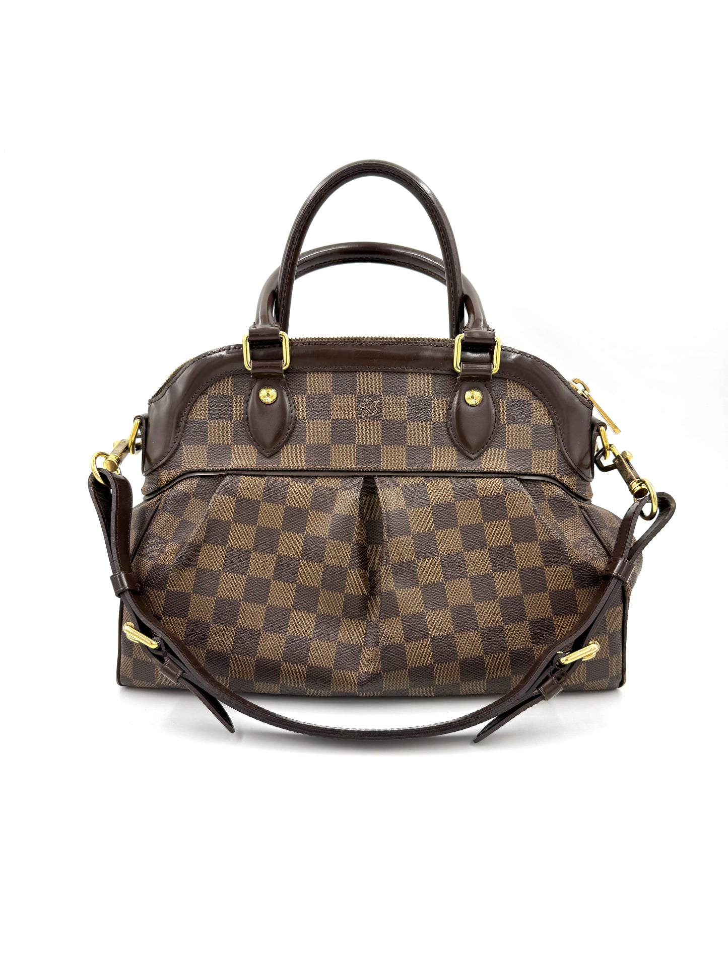 LOUIS VUITTON Trevi PM Damier Ebene Handtasche aus robustem Canvas mit verstellbarem Schulterriemen und goldfarbenen Details.