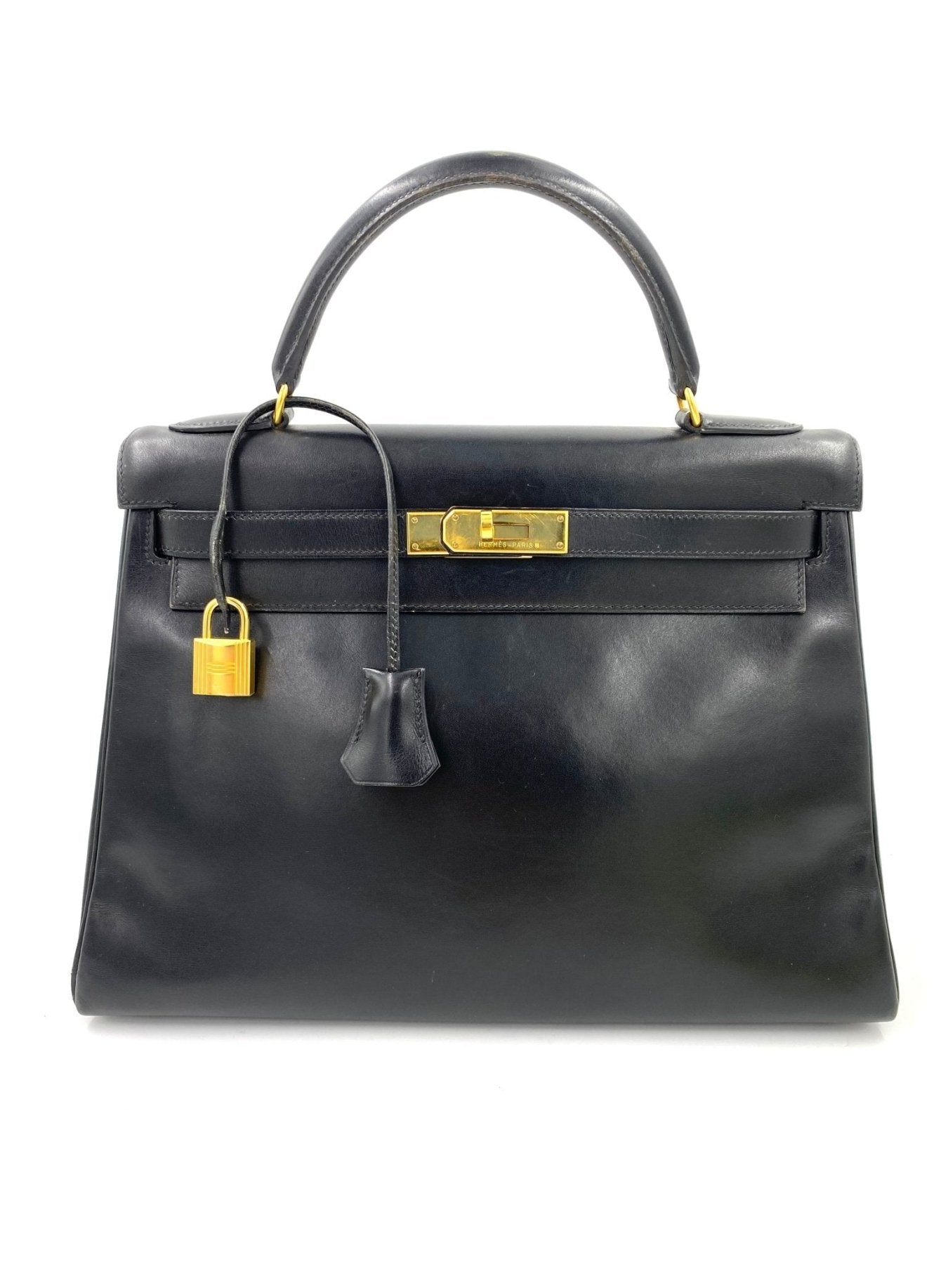 HERMES Kelly 32 Handtasche aus schwarzem Boxkalbsleder mit goldfarbenen Beschlagen und abnehmbarem Schulterriemen