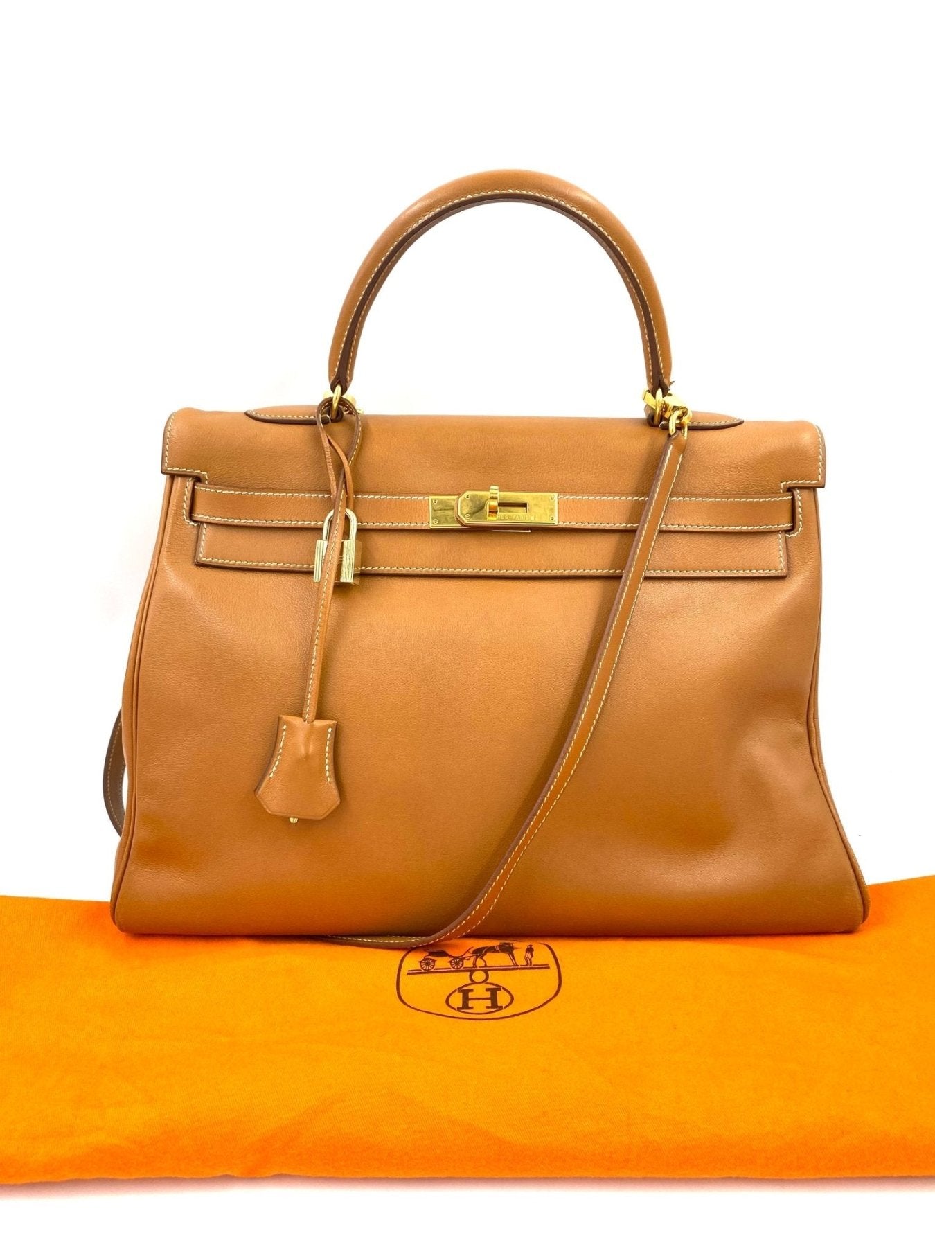 HERMÈS Kelly 35 Soft Gulliver Leder gold mit Schulterriemen - Clutch & Macarons - B im Quadrat, 1998 - Clutch & Macarons -