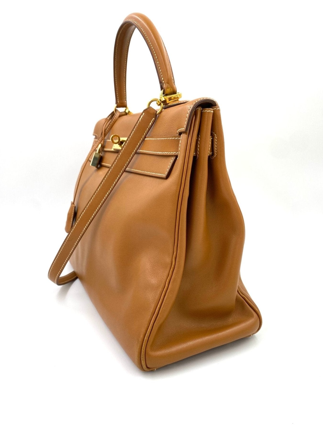 HERMÈS Kelly 35 Soft Gulliver Leder gold mit Schulterriemen - Clutch & Macarons - B im Quadrat, 1998 - Clutch & Macarons -