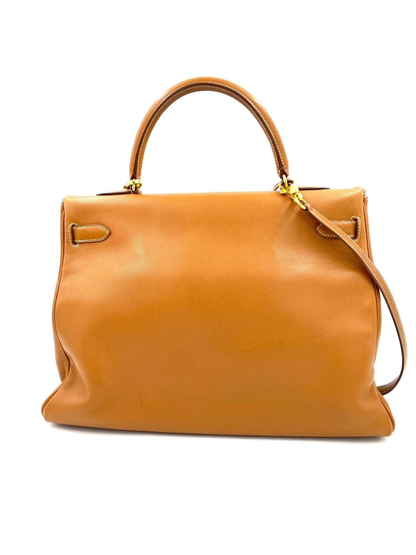 HERMÈS Kelly 35 Soft Gulliver Leder gold mit Schulterriemen - Clutch & Macarons - B im Quadrat, 1998 - Clutch & Macarons -