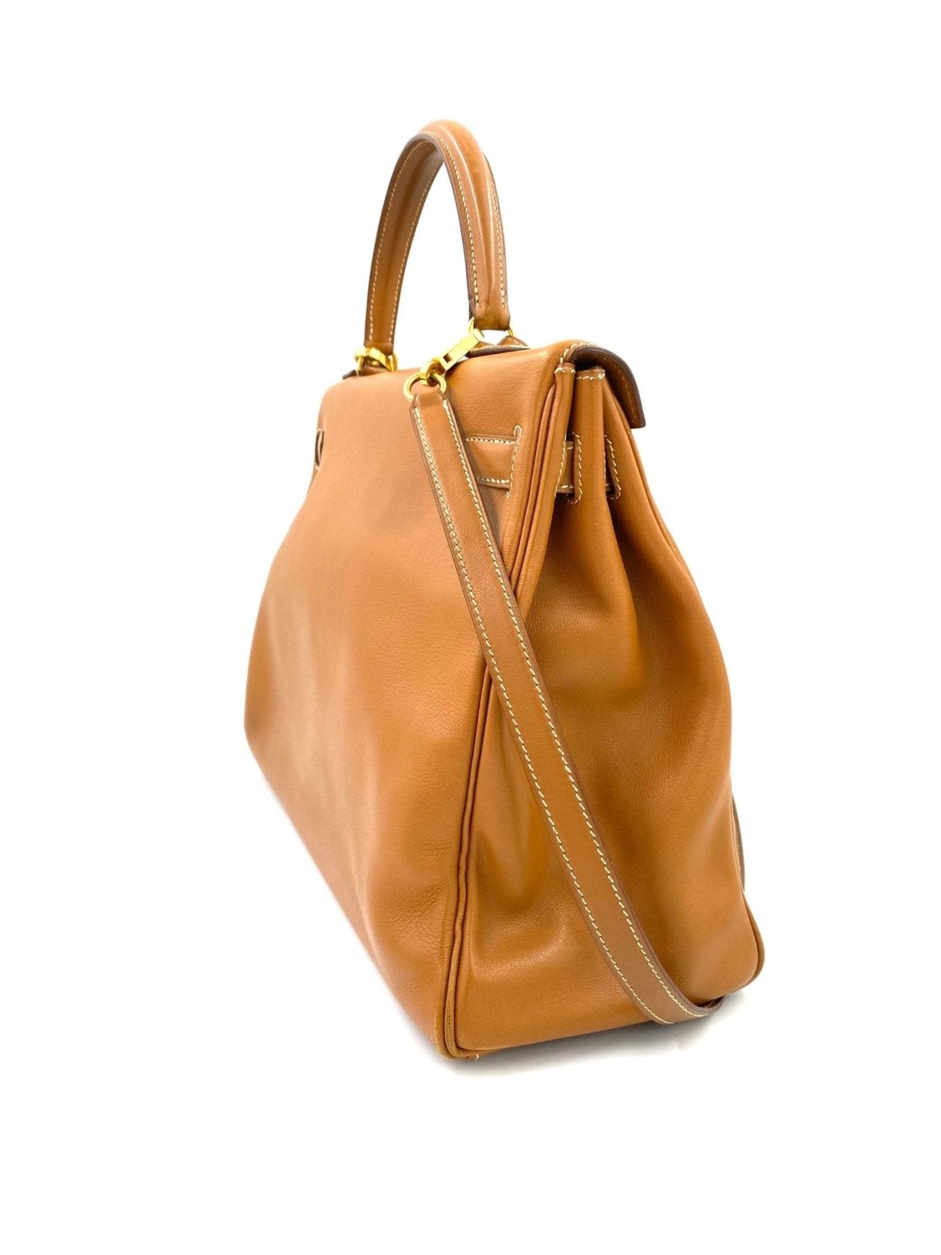 HERMÈS Kelly 35 Soft Gulliver Leder gold mit Schulterriemen - Clutch & Macarons - B im Quadrat, 1998 - Clutch & Macarons -
