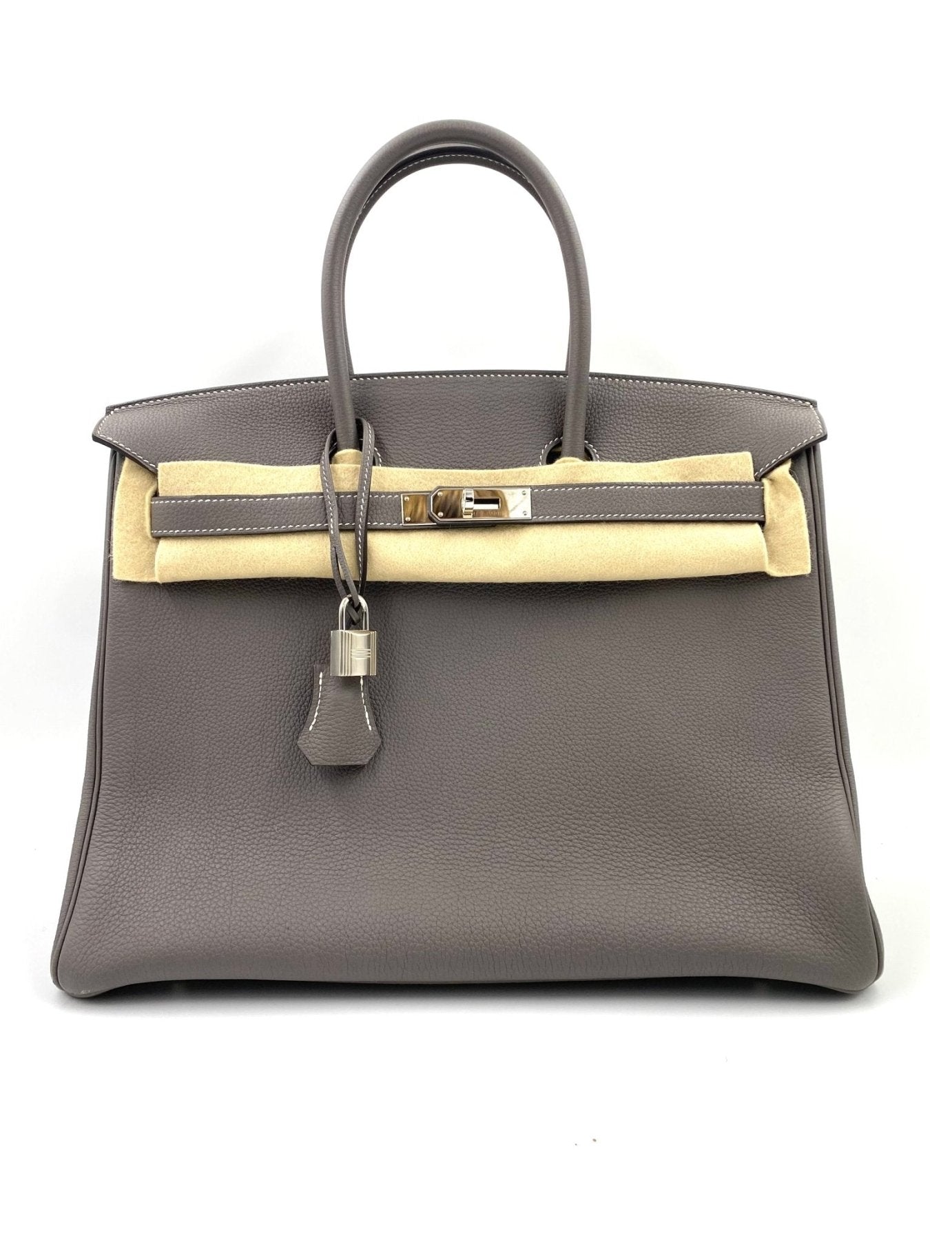 HERMES Birkin 35 HSS Togo Handtasche in Etain Grau mit Palladium Hardware und Verschluss, neuwertige Luxustasche