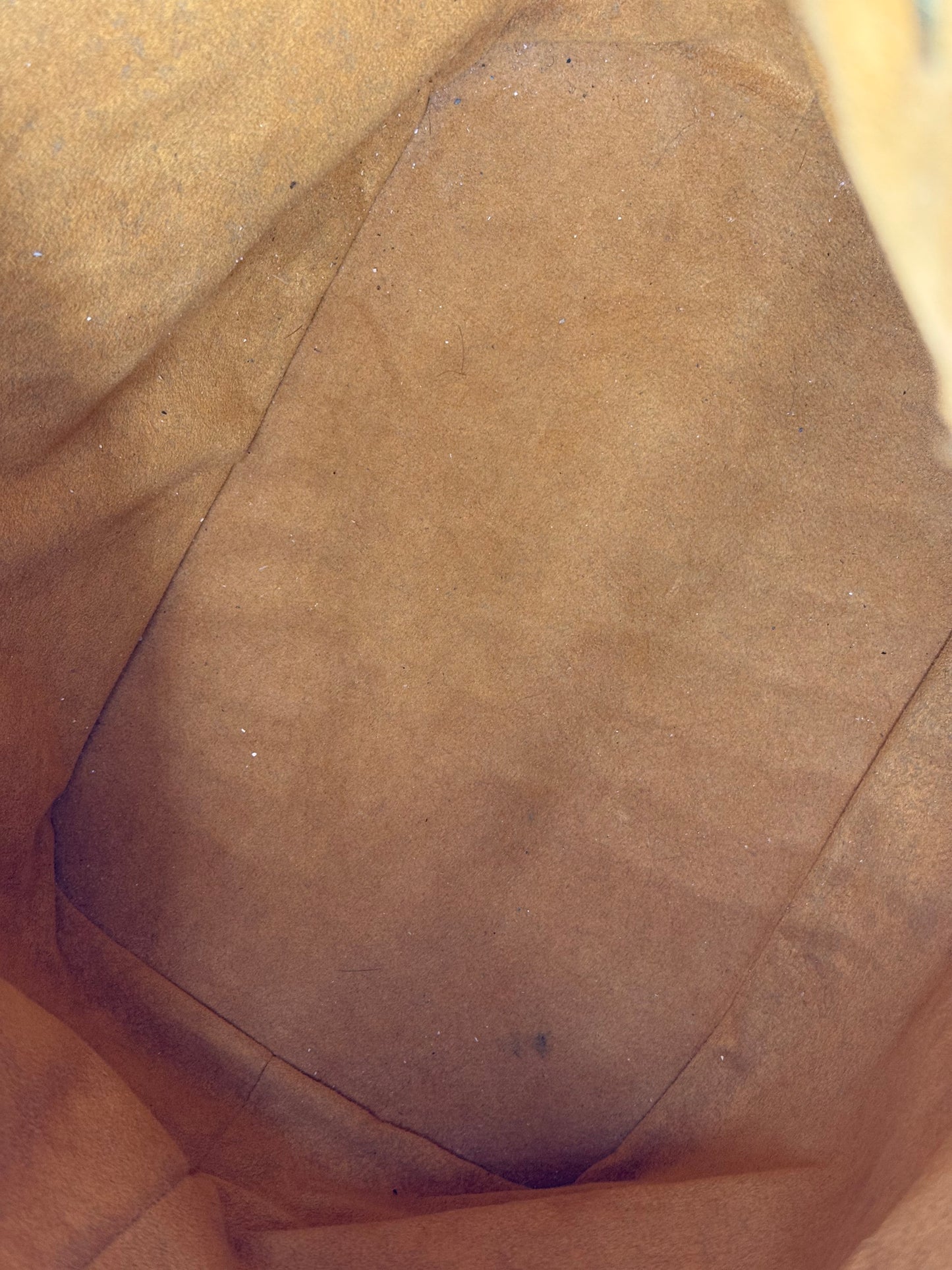 Innenansicht der Louis Vuitton Noe Grande Epi Kenian Vintage Tasche aus hochwertigem Alcantara-Futter, sehr guter Zustand.