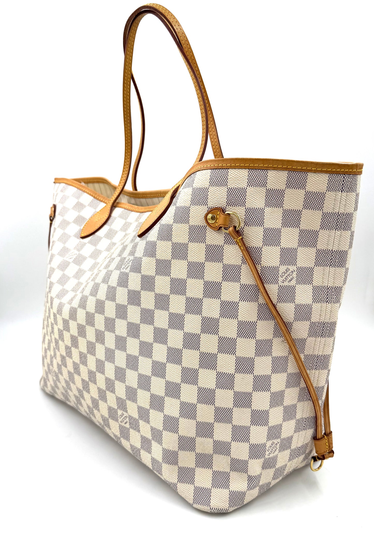 LOUIS VUITTON Neverfull GM Damier Azur Tasche aus Canvas mit Ledergriffen und verstellbaren Seitenbändern.