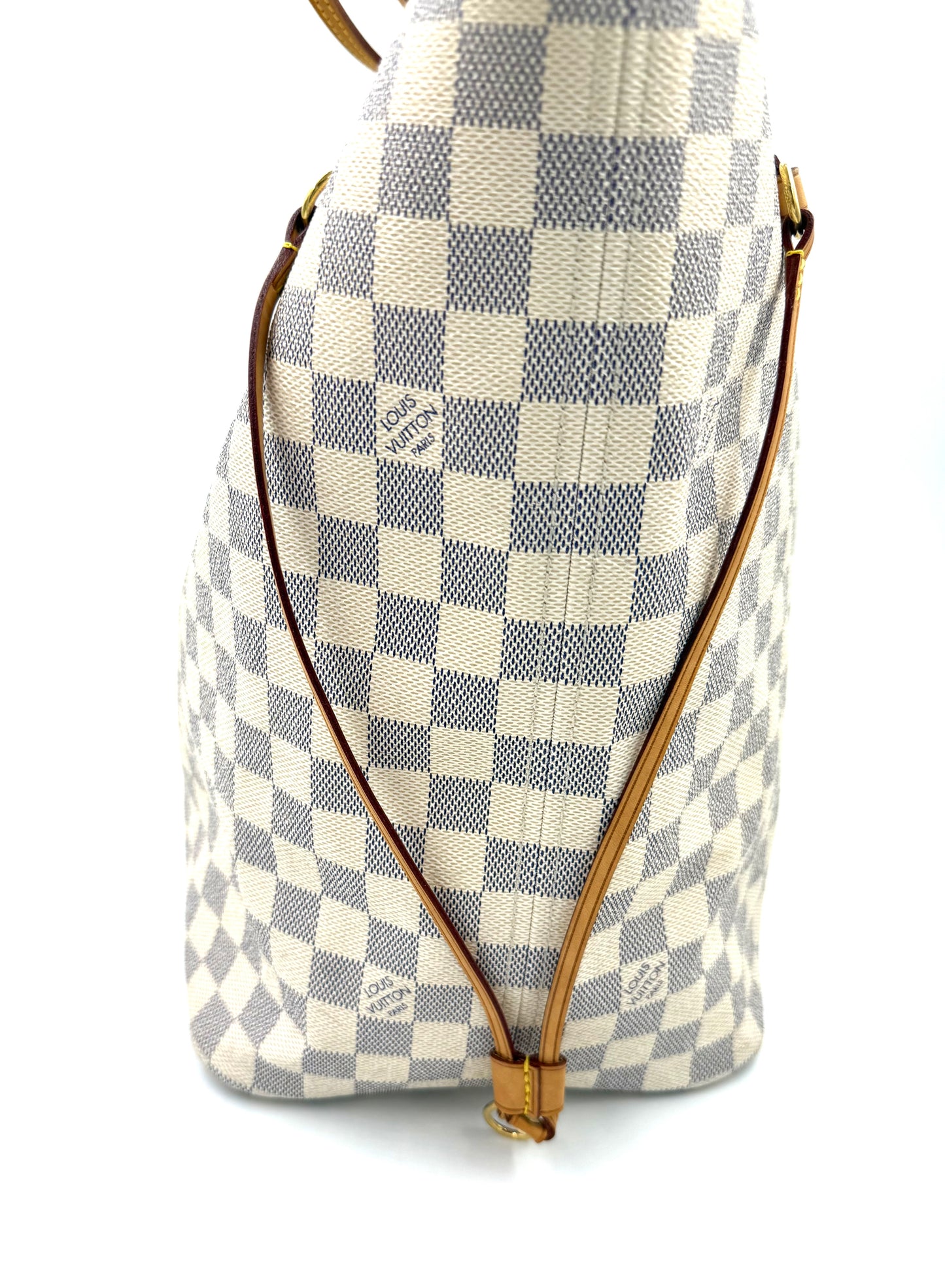 LOUIS VUITTON Neverfull GM Damier Azur Tasche seitlich mit verstellbaren Lederbändern aus Canvas.