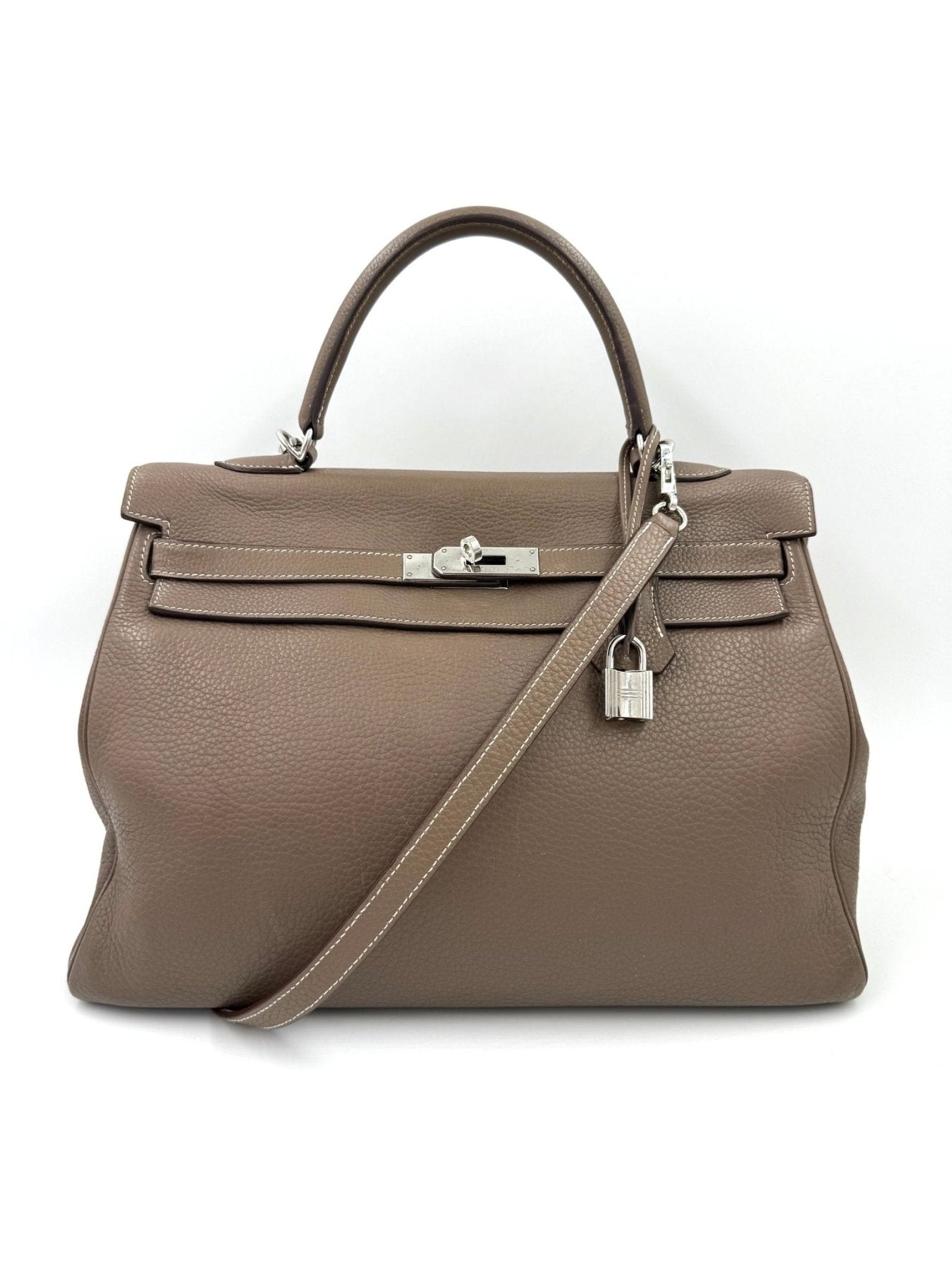 HERMES Kelly 35 Etoupe Vintage Handtasche aus Leder mit silbernen Beschlagen und abnehmbarem Schulterriemen