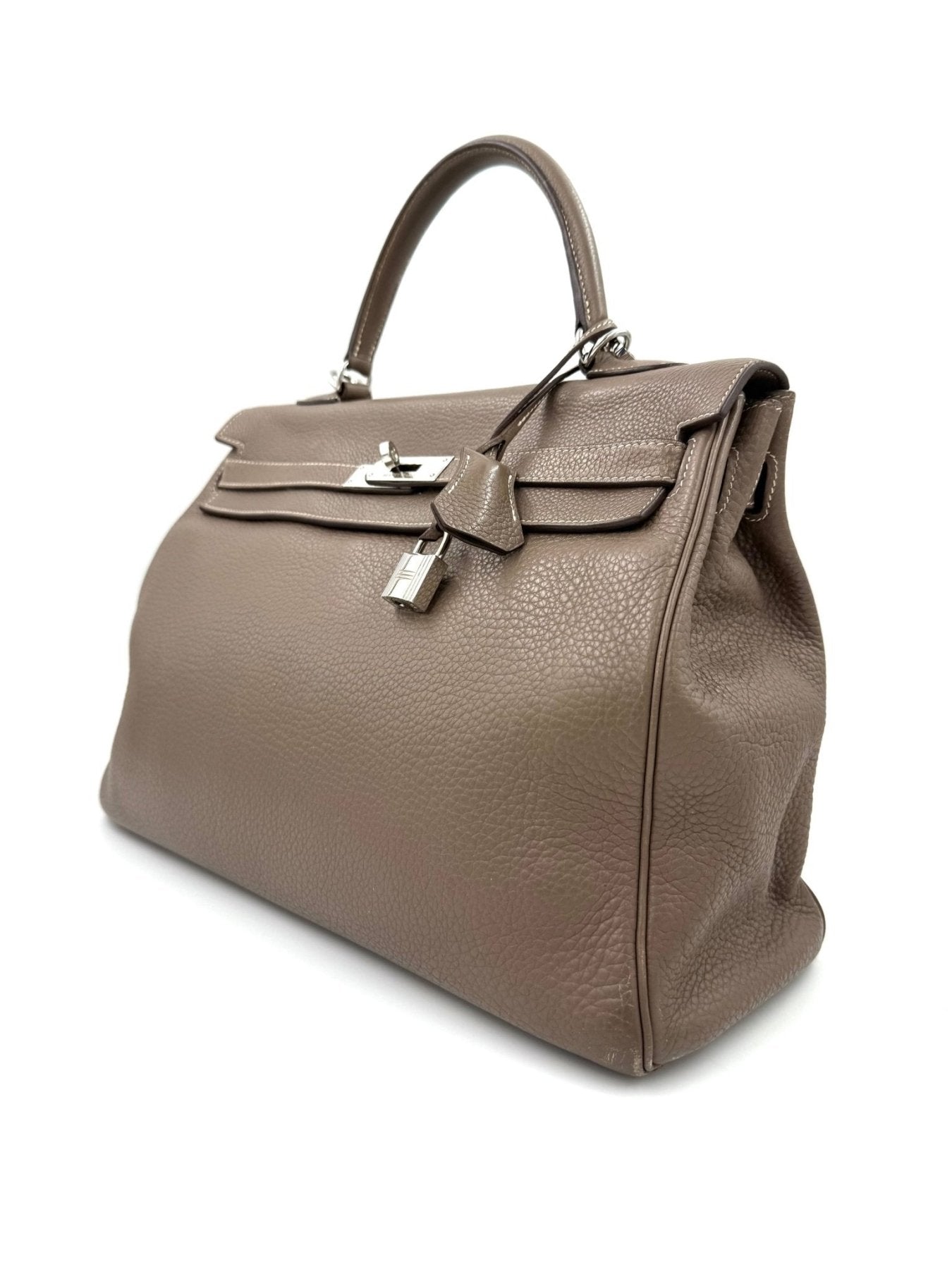 HERMES Kelly 35 Etoupe Vintage Handtasche aus Leder in graubraunem Farbton mit silbernen Metallbeschlagen