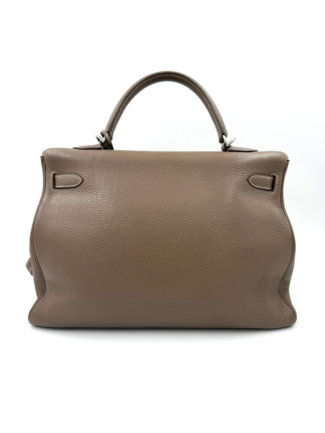 HERMES Kelly 35 Etoupe Vintage Tasche aus Leder in elegantem Graubraun mit silbernen Beschlagen und Tragegriff