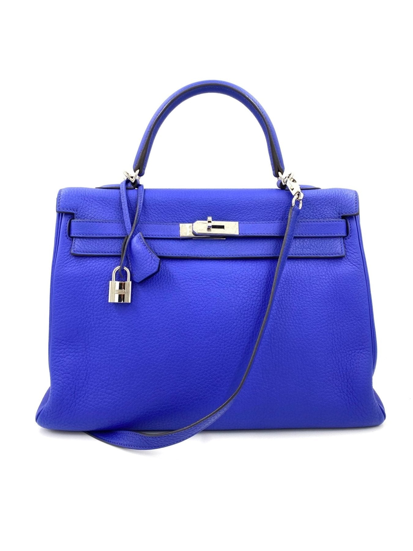 HERMÈS Kelly 35 Retourné Bleu Royal Taurillon Clemence Leder - Clutch & Macarons - O im Quadrat, 2011 - Clutch & Macarons -