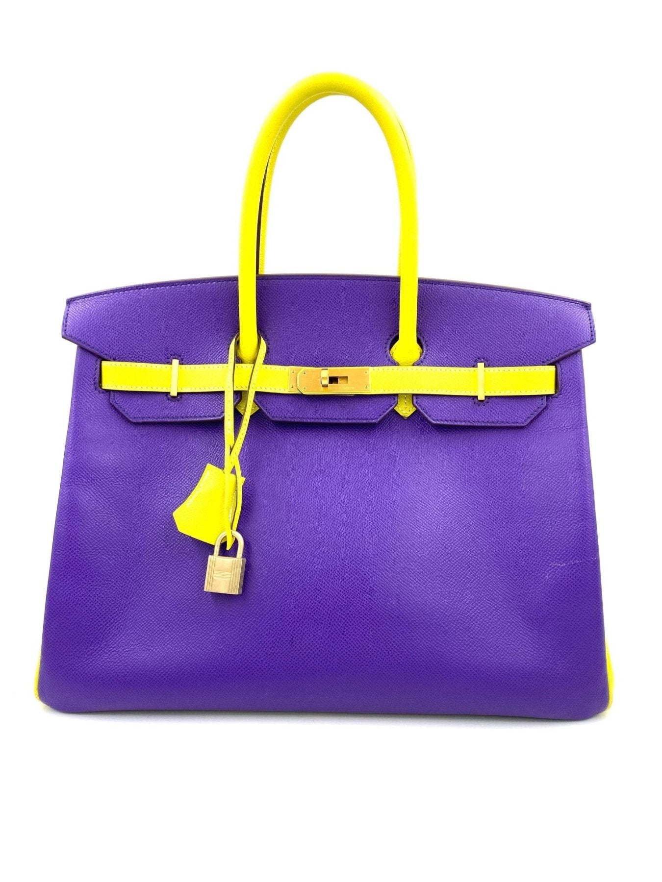 HERMES Birkin 35 HSS Handtasche in Epsom Leder, Violett und Neongelb, mit goldenen Beschlagen und Schloss