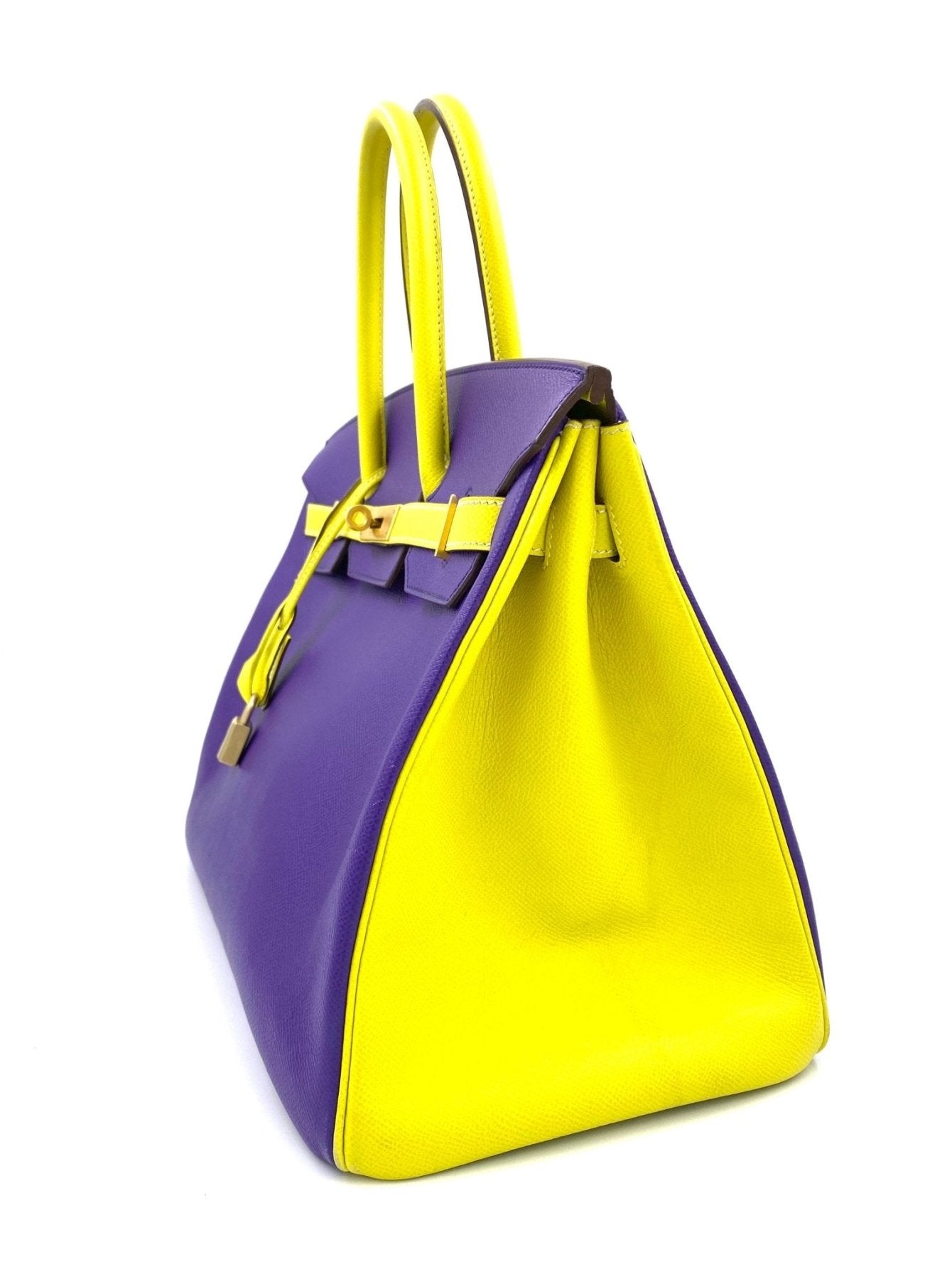 HERMES Birkin 35 HSS Handtasche in leuchtendem Lime und Crocus Epsom Leder mit goldfarbener Hardware, Seitenansicht