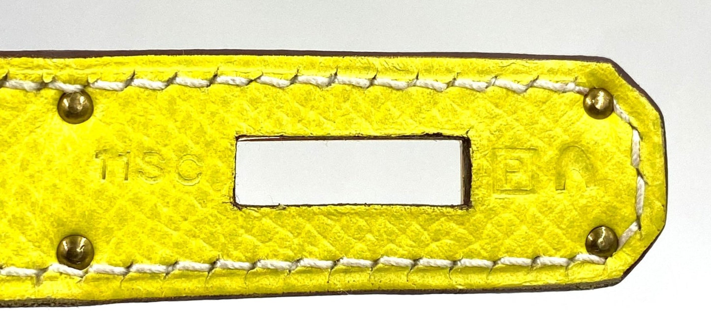 HERMES Birkin 35 HSS Epsom in Lime und Crocus Leder, Detailansicht der Nahtkonstruktion mit goldenen Nieten