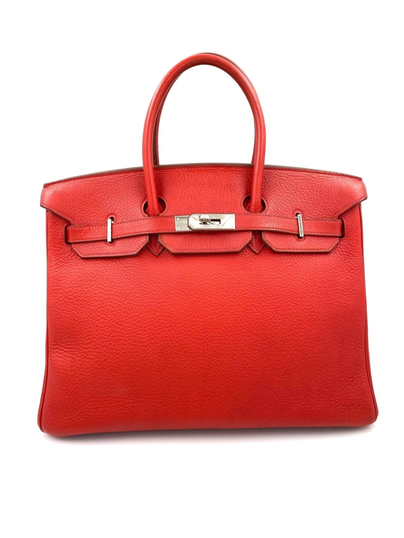 HERMES Birkin 35 Clemence Leder Handtasche in leuchtendem Capucine-Rot mit Palladium-Hardware und charakteristischem Verschluss