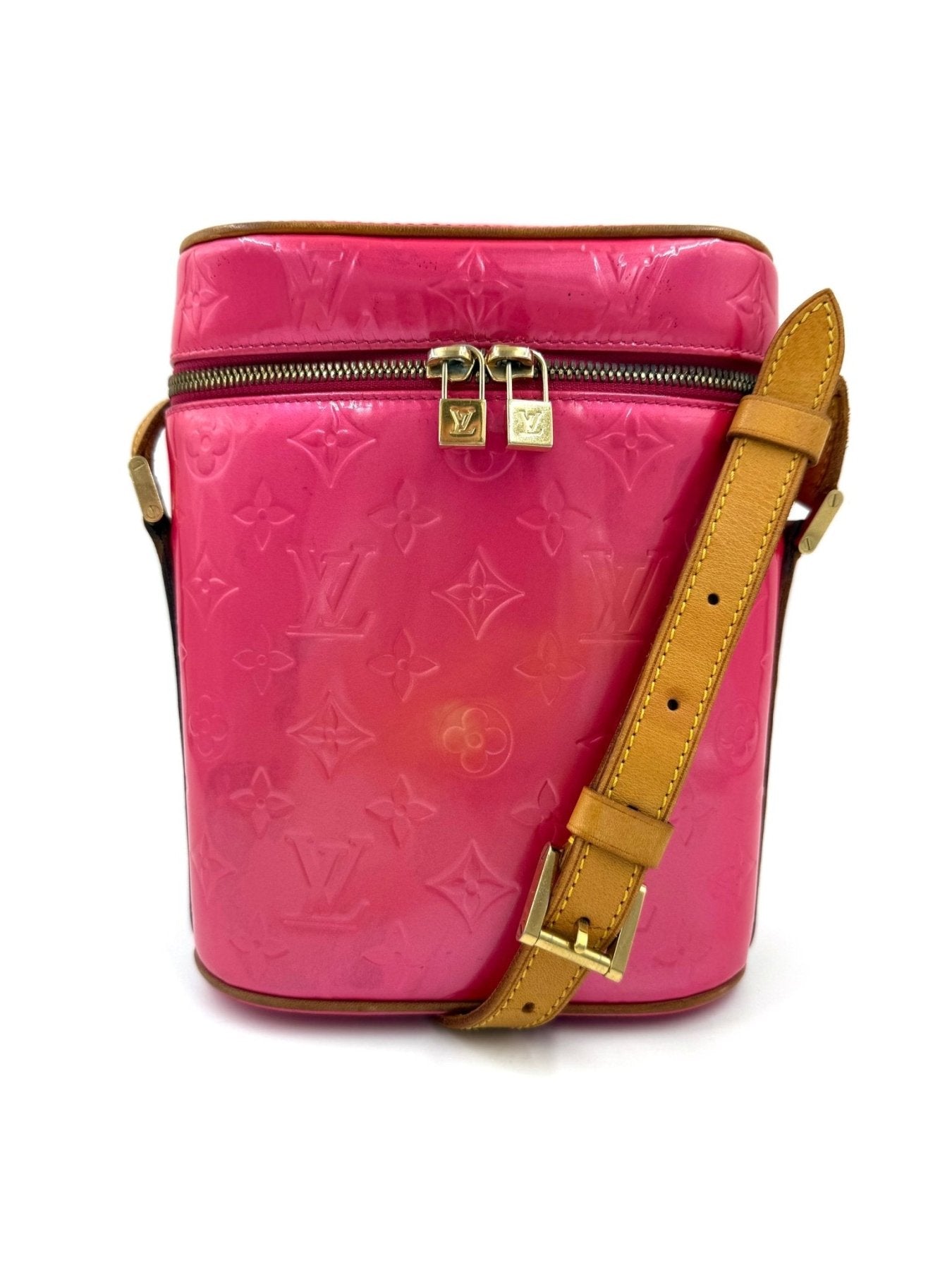 Louis Vuitton Sullivan Vertical Monogram Vernis Handtasche in Pink mit braunem Lederriemen und Monogram-Praegung