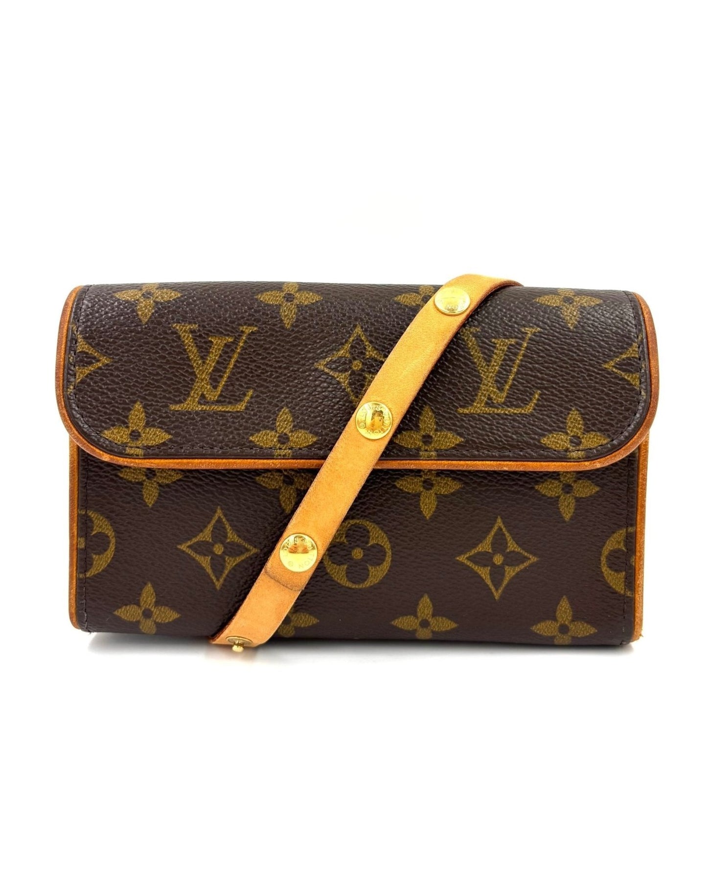Louis Vuitton Pochette Florentine Monogram Canvas Vintage Guerteltasche mit braunem Monogram Muster und hellem Lederriemen