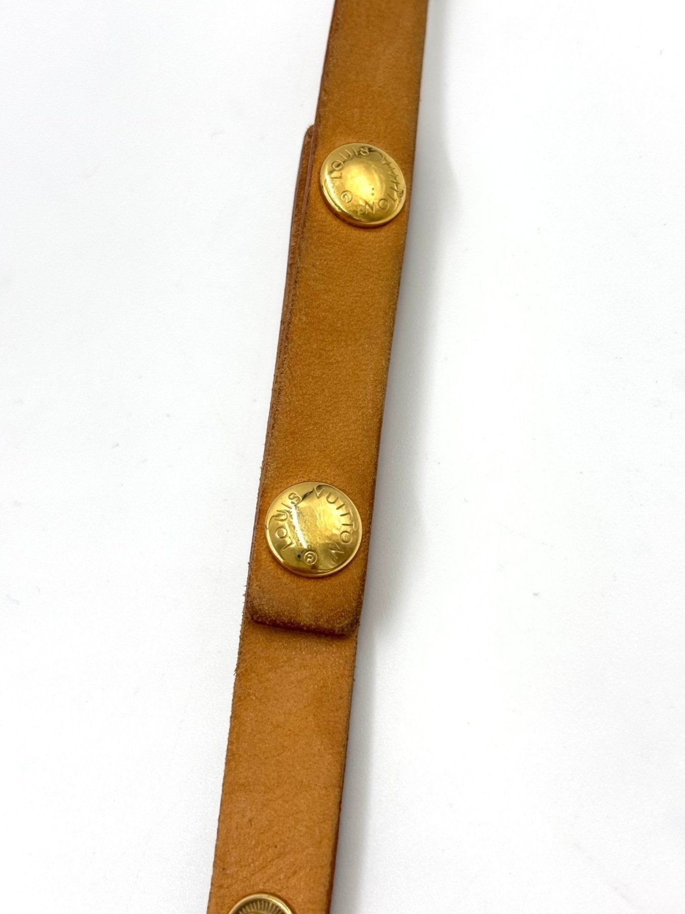 Louis Vuitton Pochette Florentine Gürtel aus honigfarbenem Leder mit goldenen Metallknöpfen, Detail der Verschlüsse
