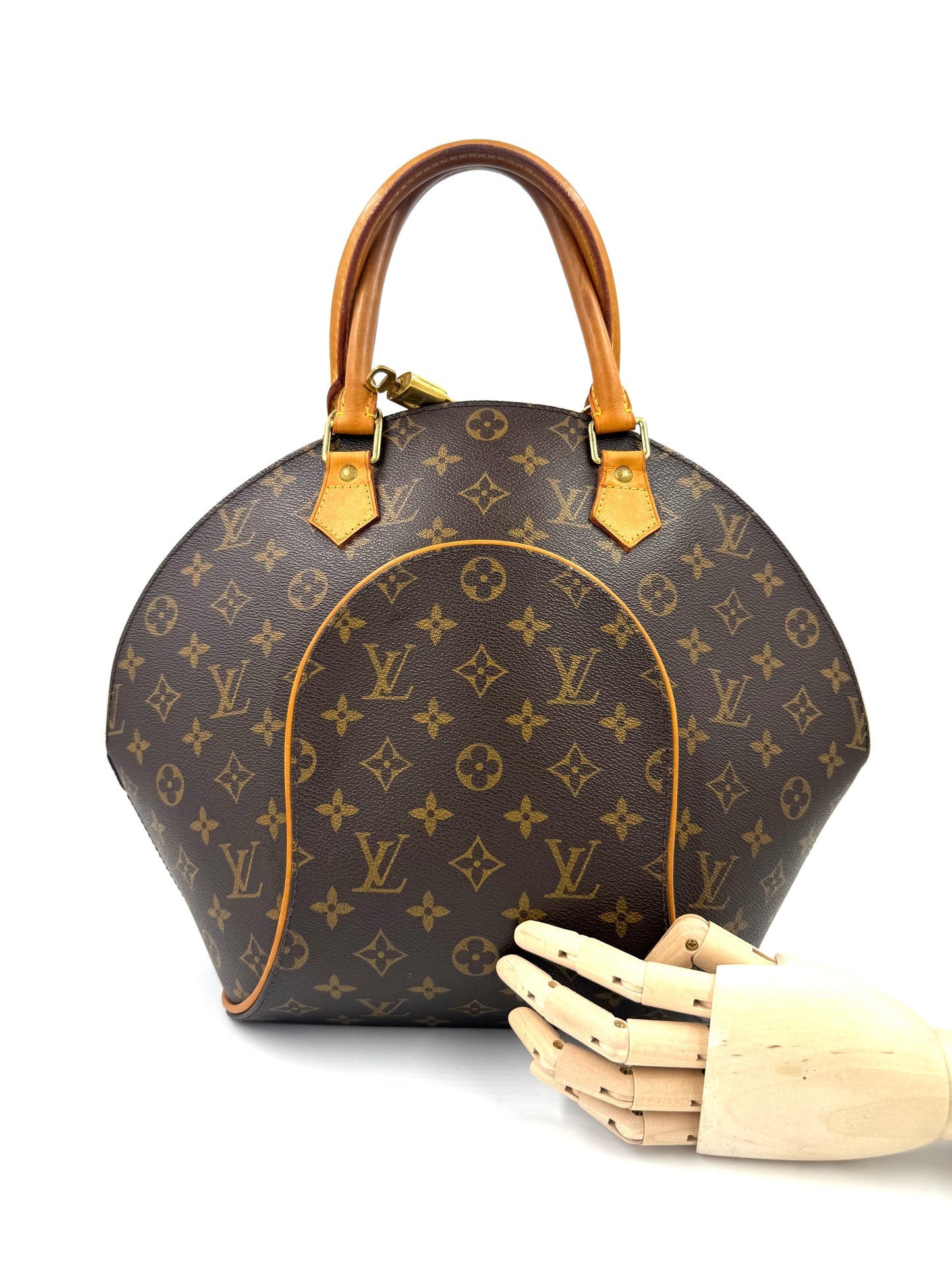 Louis Vuitton Ellipse MM Monogram Canvas Vintage Handtasche mit klassischem LV-Muster und hellbraunen Ledergriffen