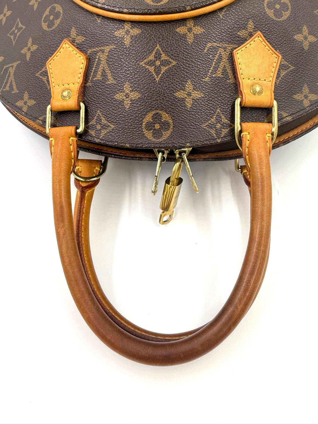 Louis Vuitton Ellipse MM Monogram Handtasche mit braunen Ledergriffen und klassischem LV-Muster auf Canvas-Material