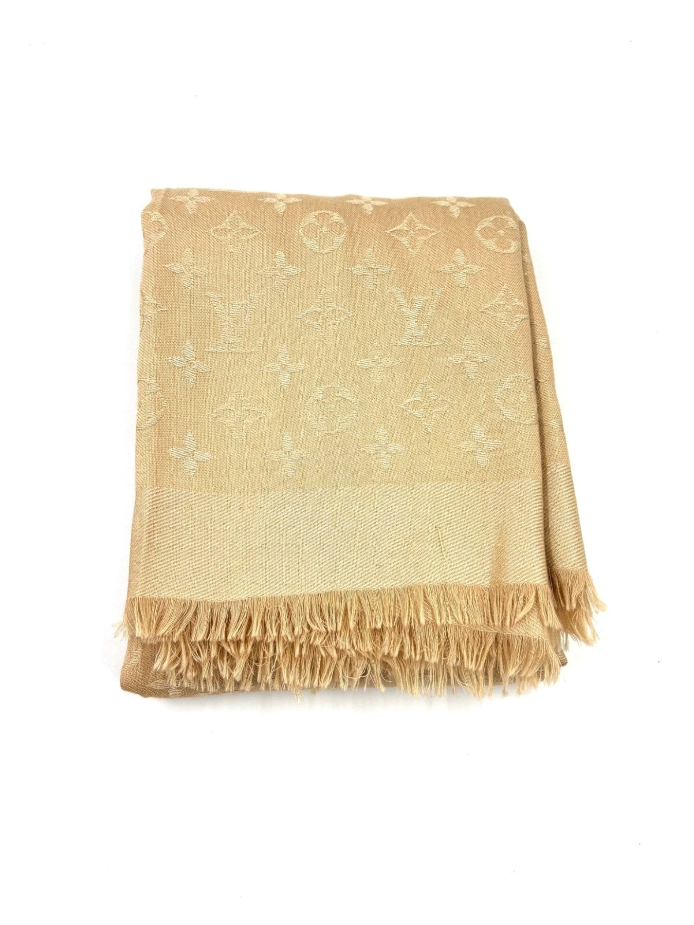 Louis Vuitton Monogram Schal in creme mit Fransen, luxurioeses Jacquardgewebe mit klassischem LV Muster