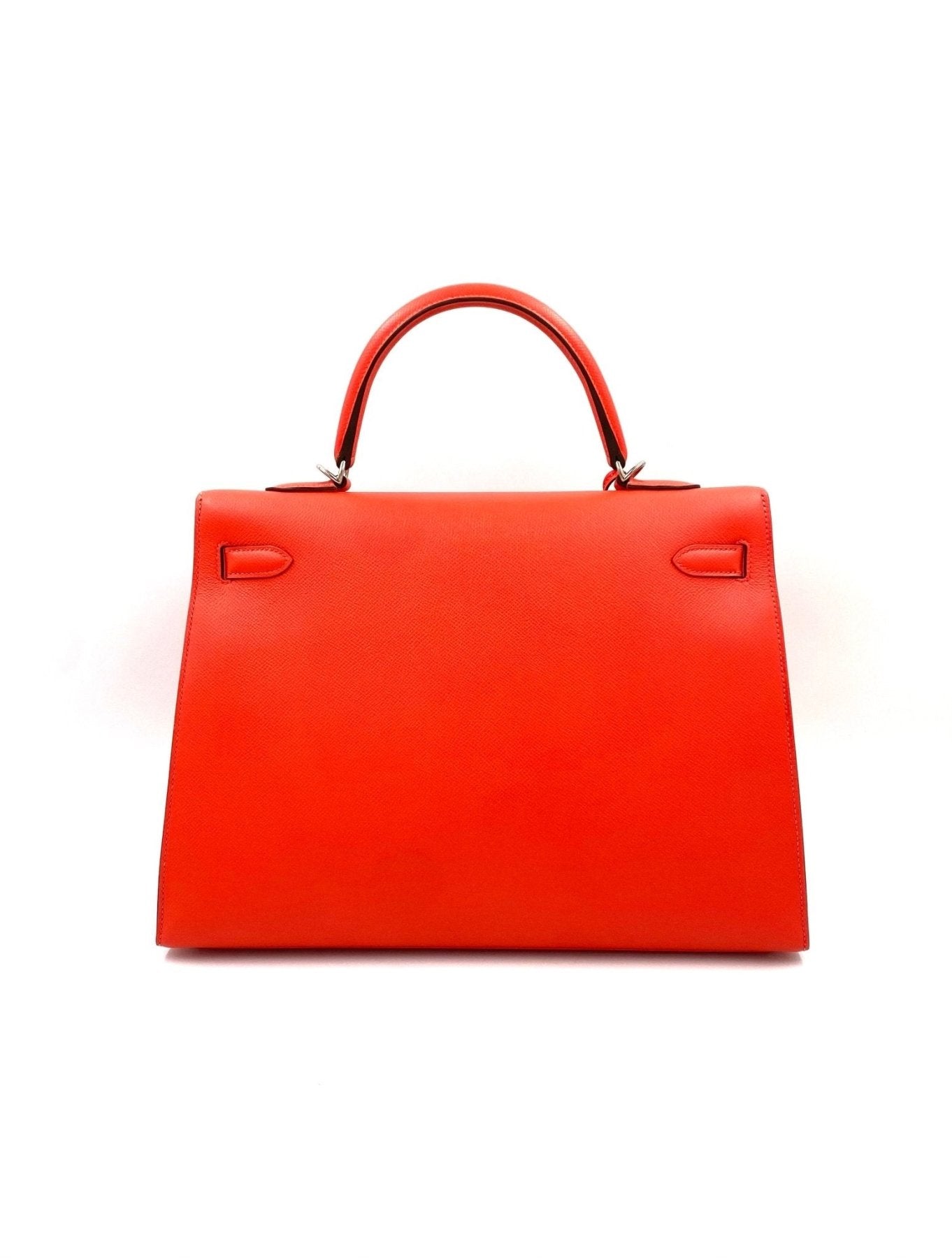 HERMES Kelly 35 Sellier Handtasche in leuchtendem Rose Jaipur Epsom Leder mit Palladium Hardware, frontale Ansicht