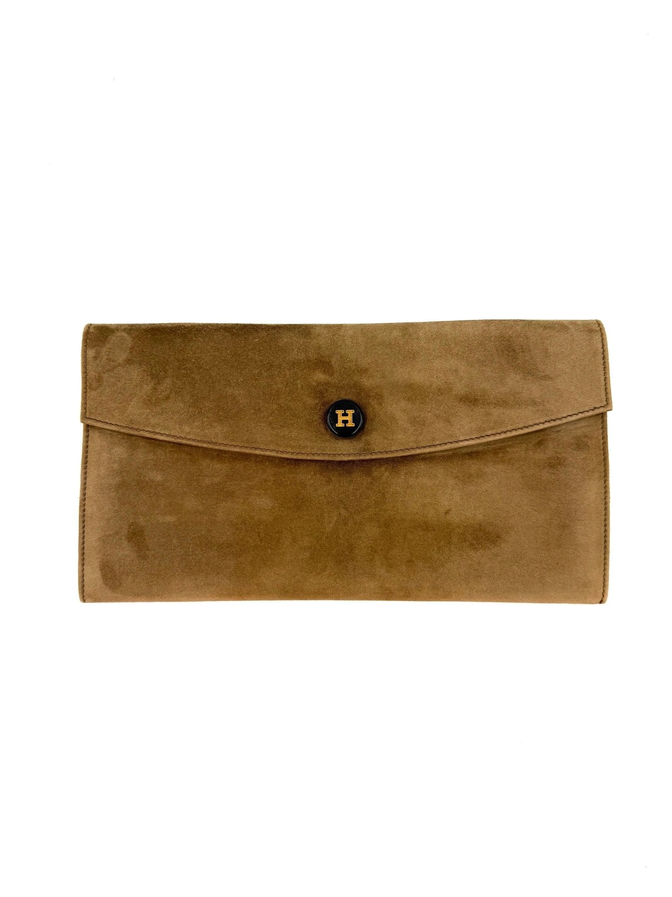 HERMÈS Pochette Suede beige - Clutch & Macarons - F im Quadrat; 2002 - Clutch & Macarons -