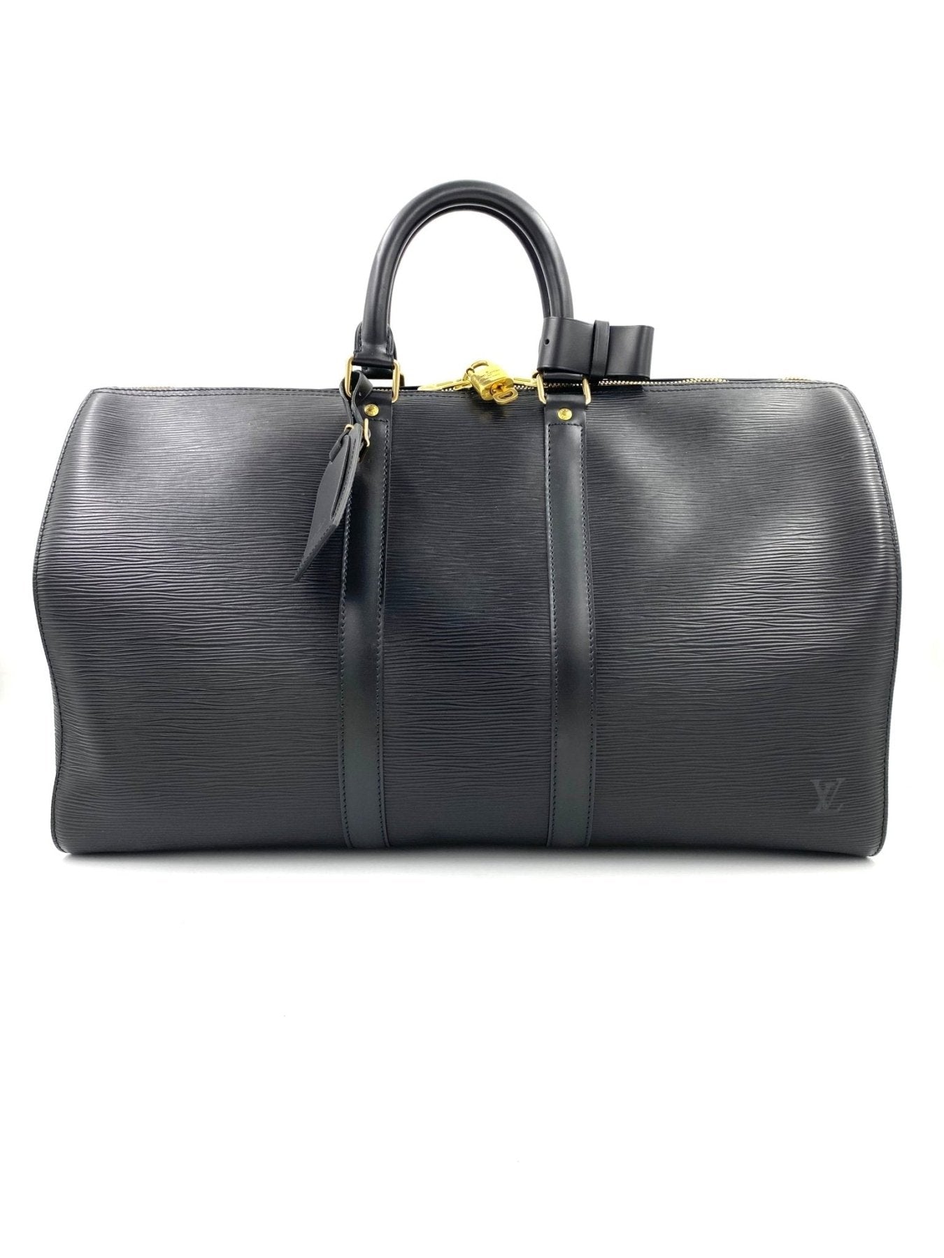 Louis Vuitton Keepall 45 Epi Reisetasche in schwarz mit strukturiertem Leder und goldfarbenen Beschlagen