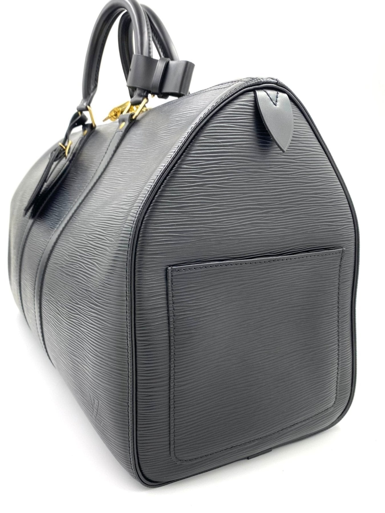 Louis Vuitton Keepall 45 Epi Reisetasche in schwarz mit strukturiertem Leder, Tragegriffen und Aussenfach