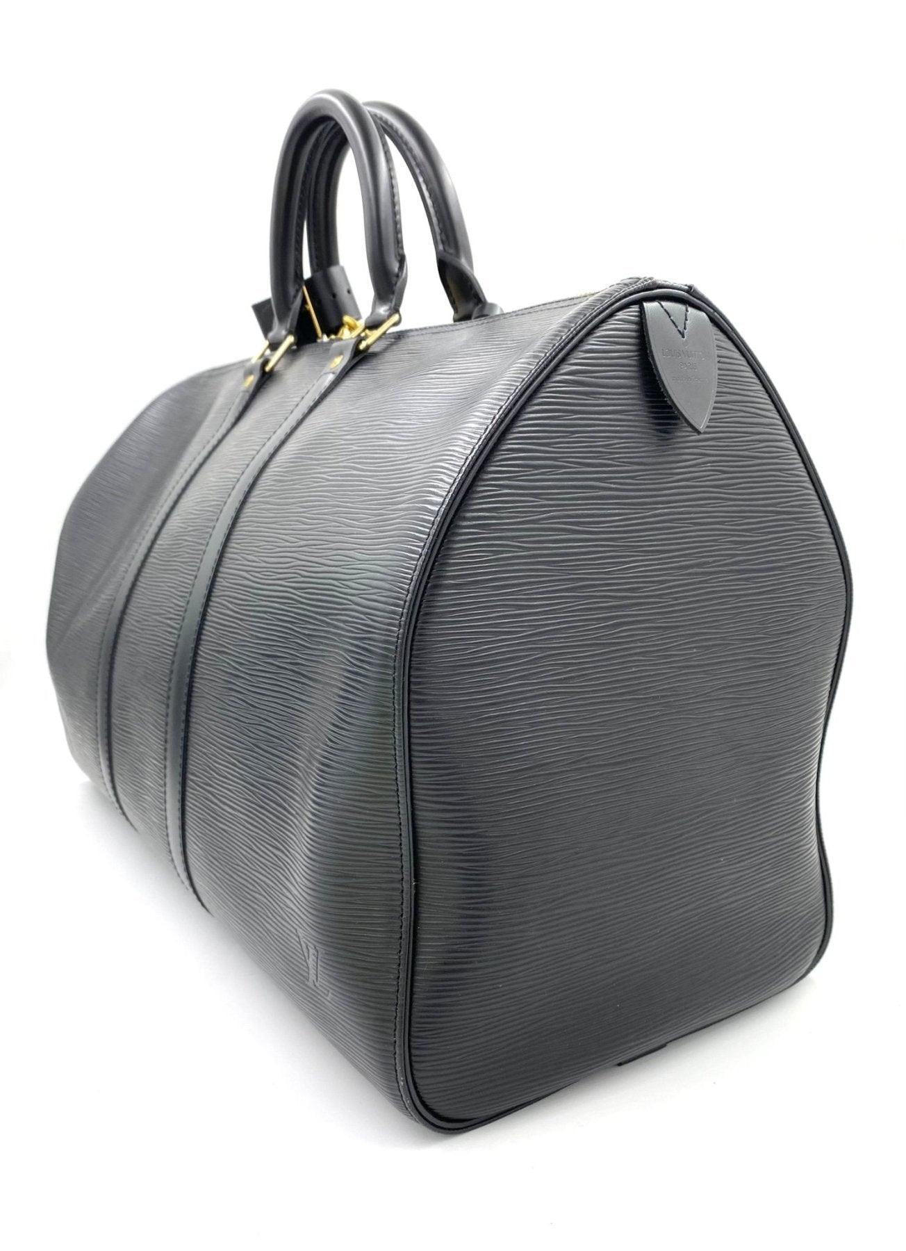 Louis Vuitton Keepall 45 Epi Reisetasche in schwarz mit strukturiertem Leder, Doppelgriffen und charakteristischer Form
