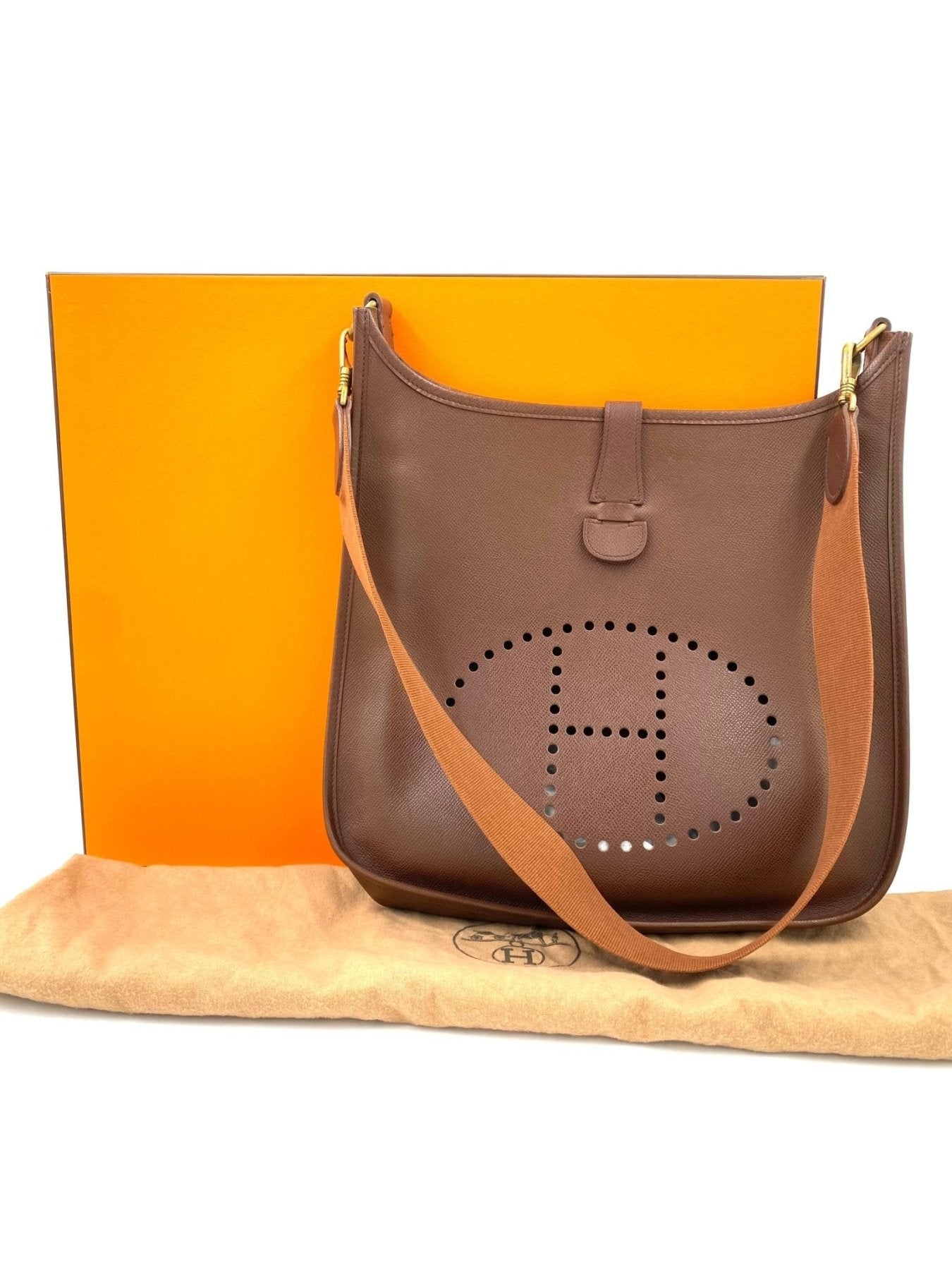 HERMES Evelyne 33 Cognac Epsomleder Tasche mit perforiertem H-Logo, orangefarbenem Box und Staubbeutel
