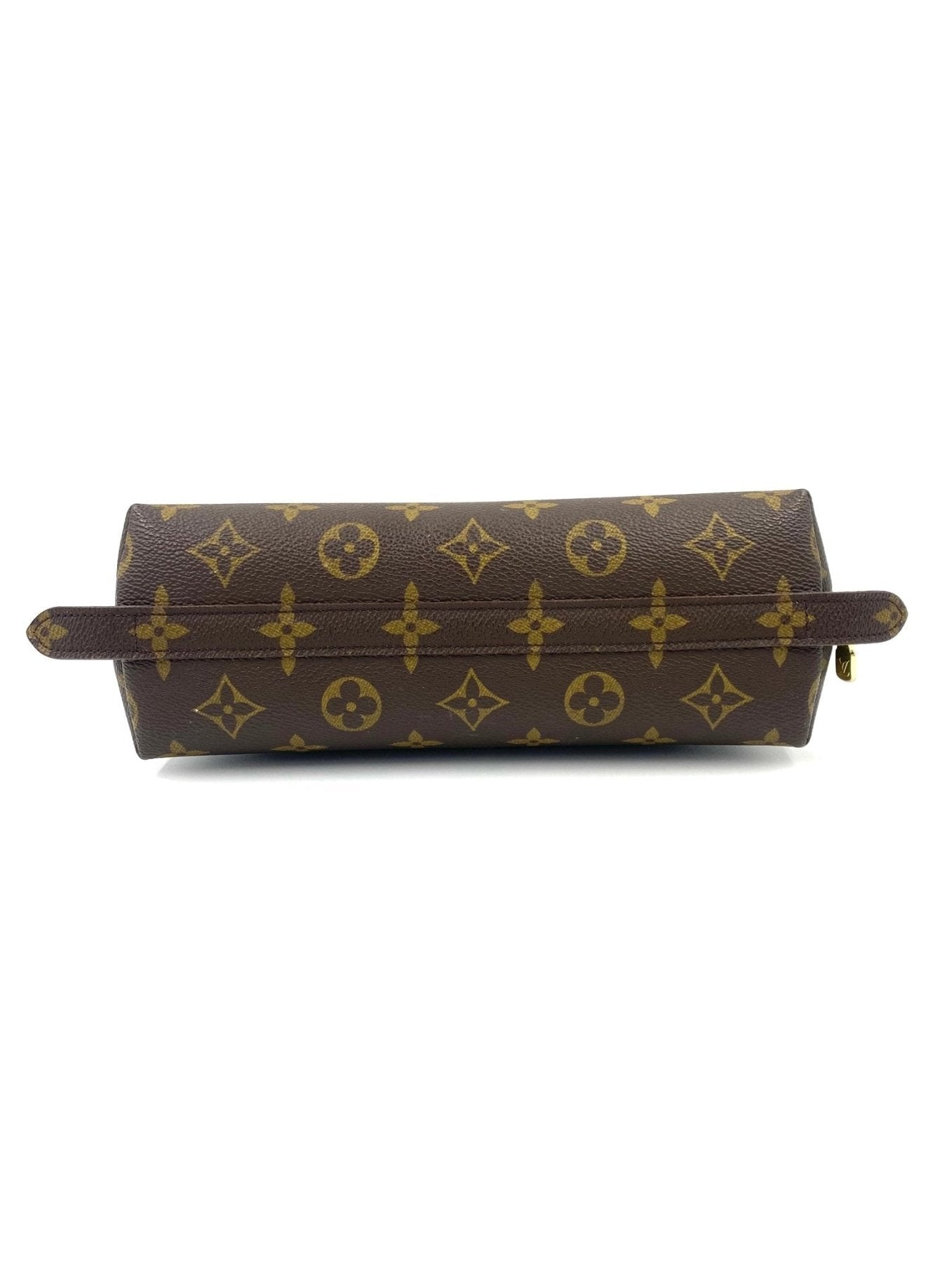 Louis Vuitton Trousse Demi Ronde Monogram Canvas Kosmetiktasche in braun mit klassischem LV Muster, seitliche Ansicht