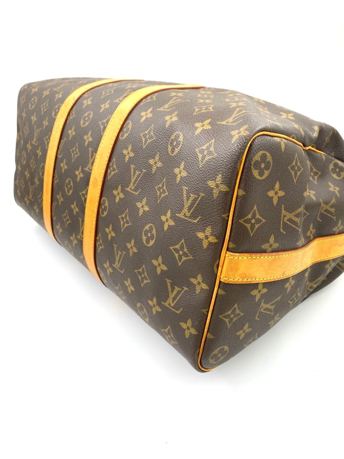 Louis Vuitton Keepall 45 Bandouliere Reisetasche in klassischem Monogram Canvas mit braunen Lederdetails und Schulterriemen
